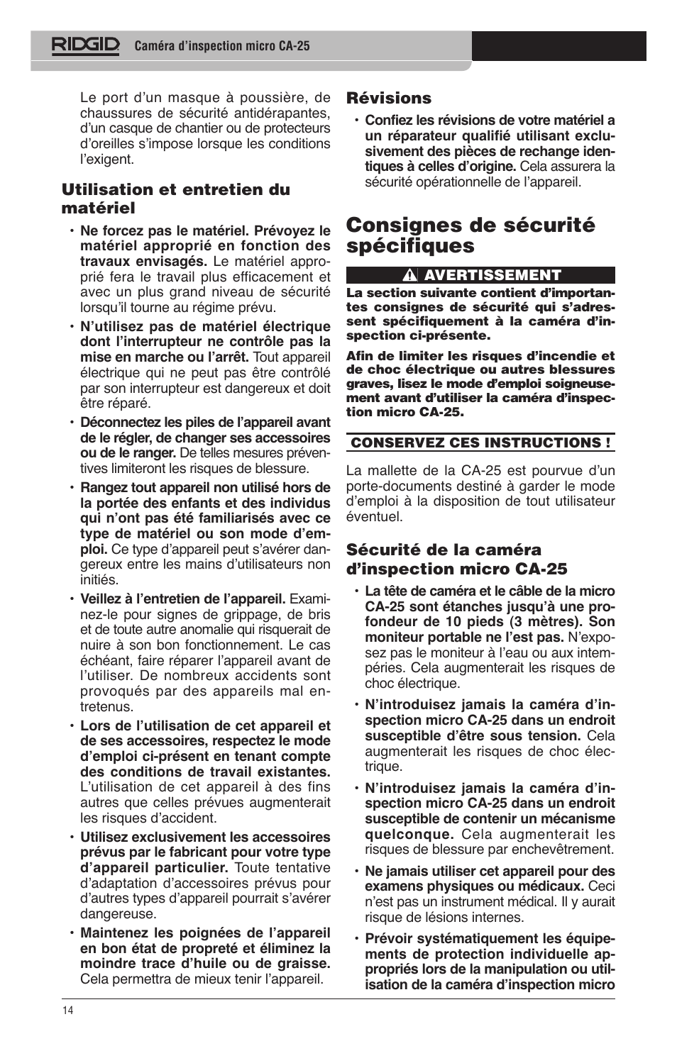 Consignes de sécurité spécifiques | RIDGID micro CA-25 User Manual | Page 16 / 236