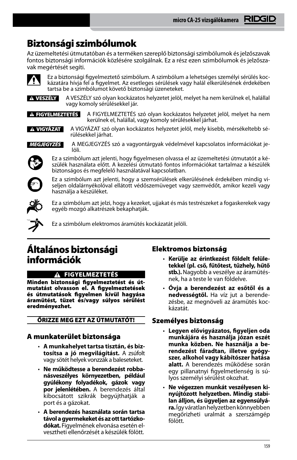 Biztonsági szimbólumok, Általános biztonsági információk, A munkaterület biztonsága | Elektromos biztonság, Személyes biztonság | RIDGID micro CA-25 User Manual | Page 161 / 236