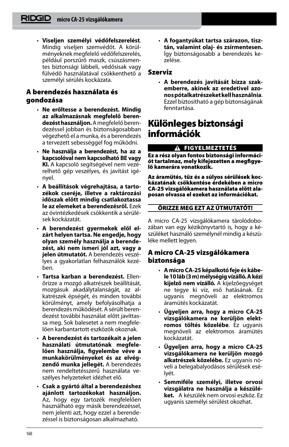 Különleges biztonsági információk, A berendezés használata és gondozása, Szerviz | A micro ca-25 vizsgálókamera biztonsága | RIDGID micro CA-25 User Manual | Page 162 / 236