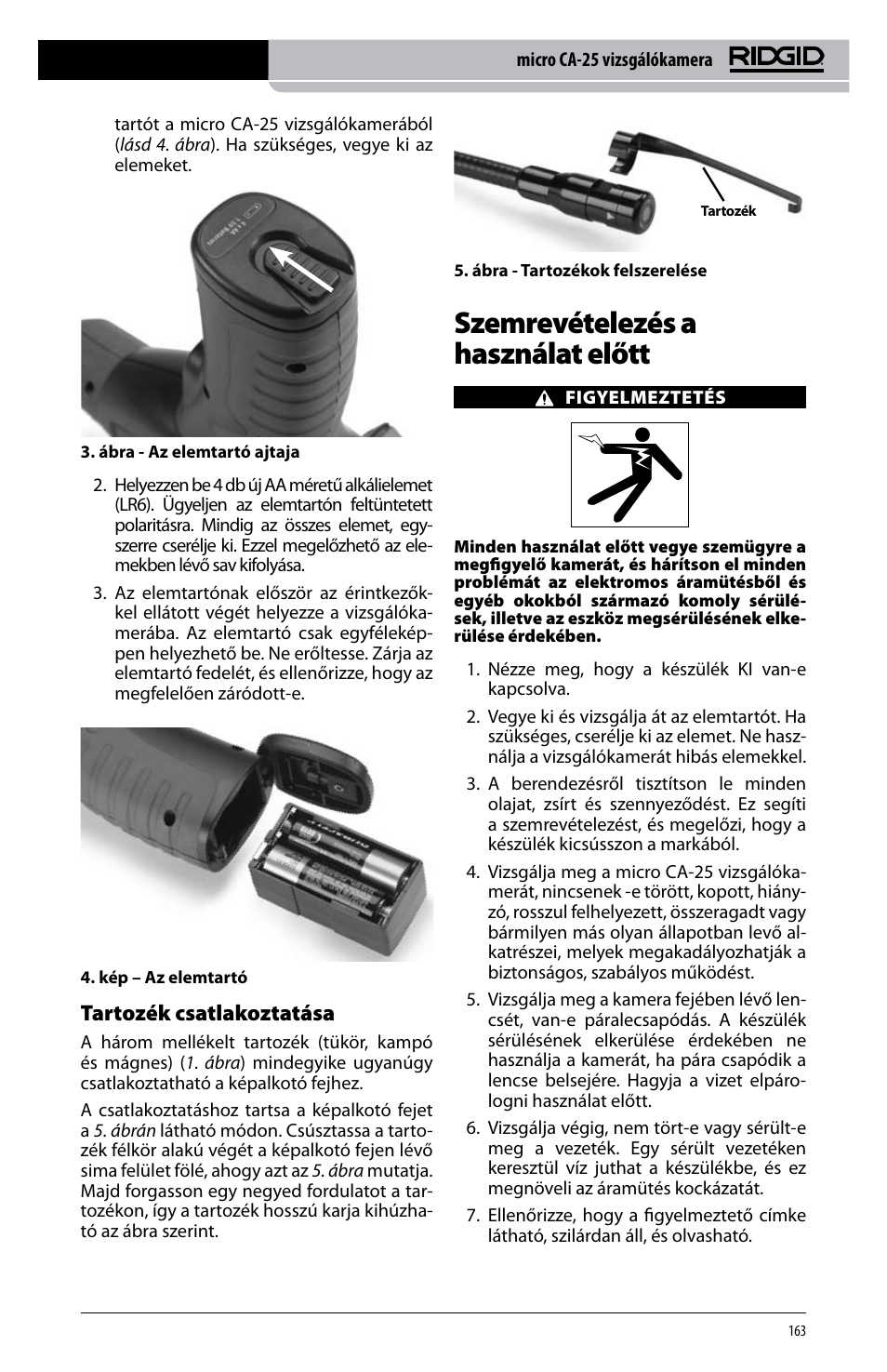 Szemrevételezés a használat előtt, Tartozék csatlakoztatása | RIDGID micro CA-25 User Manual | Page 165 / 236