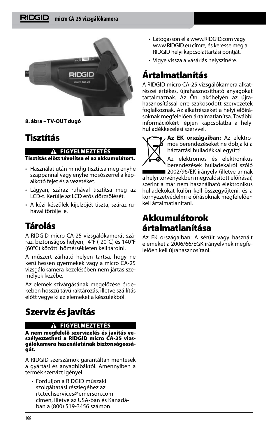 Tisztítás, Tárolás, Szerviz és javítás | Ártalmatlanítás, Akkumulátorok ártalmatlanítása | RIDGID micro CA-25 User Manual | Page 168 / 236