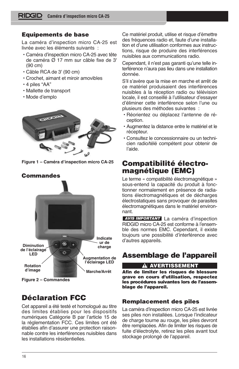 Compatibilité électro- magnétique (emc), Assemblage de l’appareil, Déclaration fcc | RIDGID micro CA-25 User Manual | Page 18 / 236