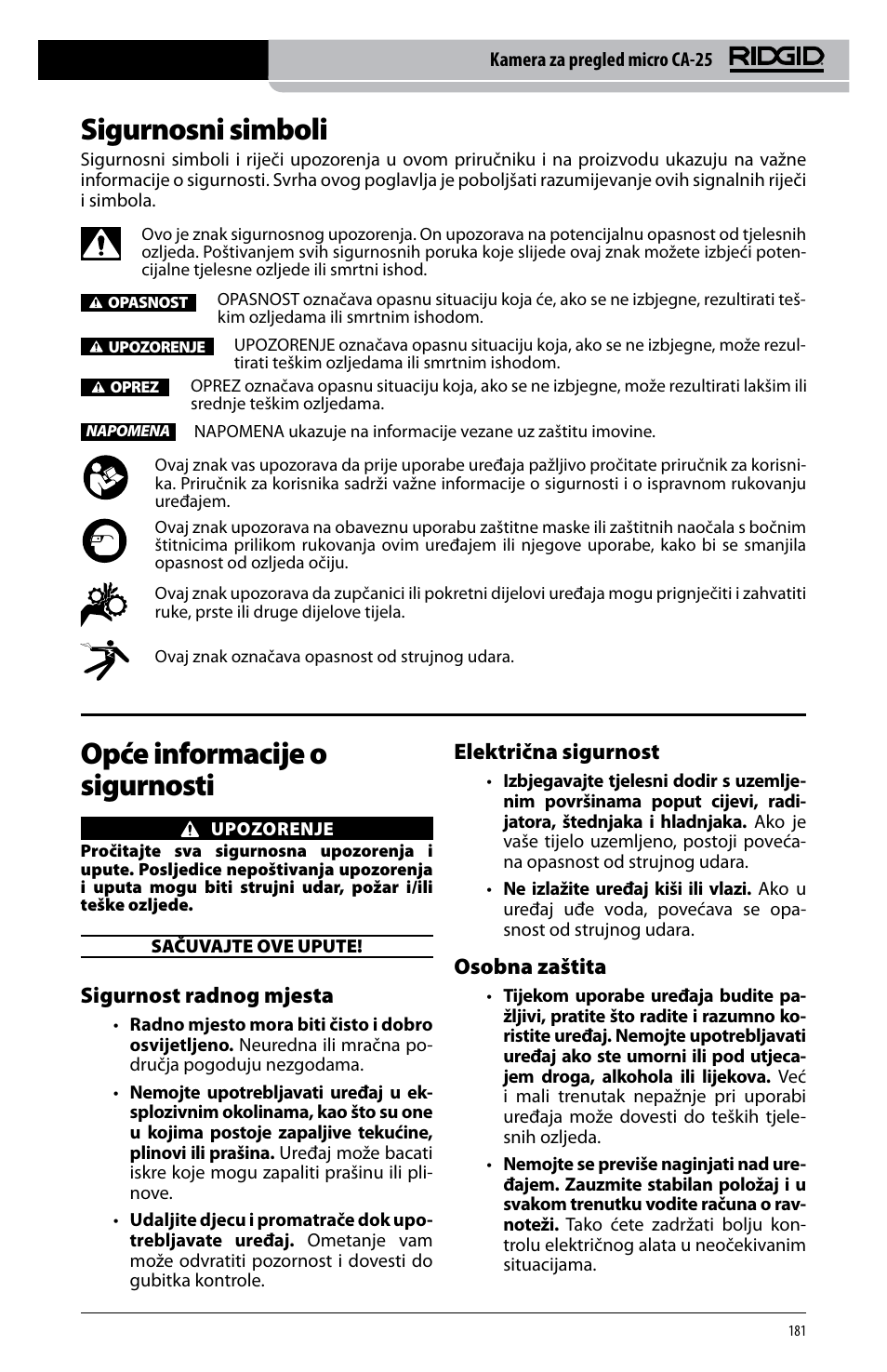 Sigurnosni simboli, Opće informacije o sigurnosti, Sigurnost radnog mjesta | Električna sigurnost, Osobna zaštita | RIDGID micro CA-25 User Manual | Page 183 / 236