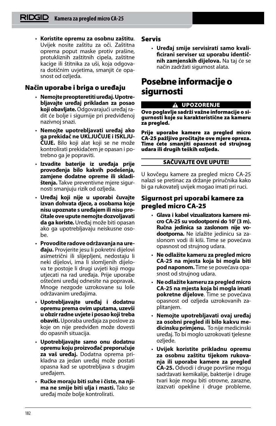 Posebne informacije o sigurnosti, Način uporabe i briga o uređaju, Servis | RIDGID micro CA-25 User Manual | Page 184 / 236