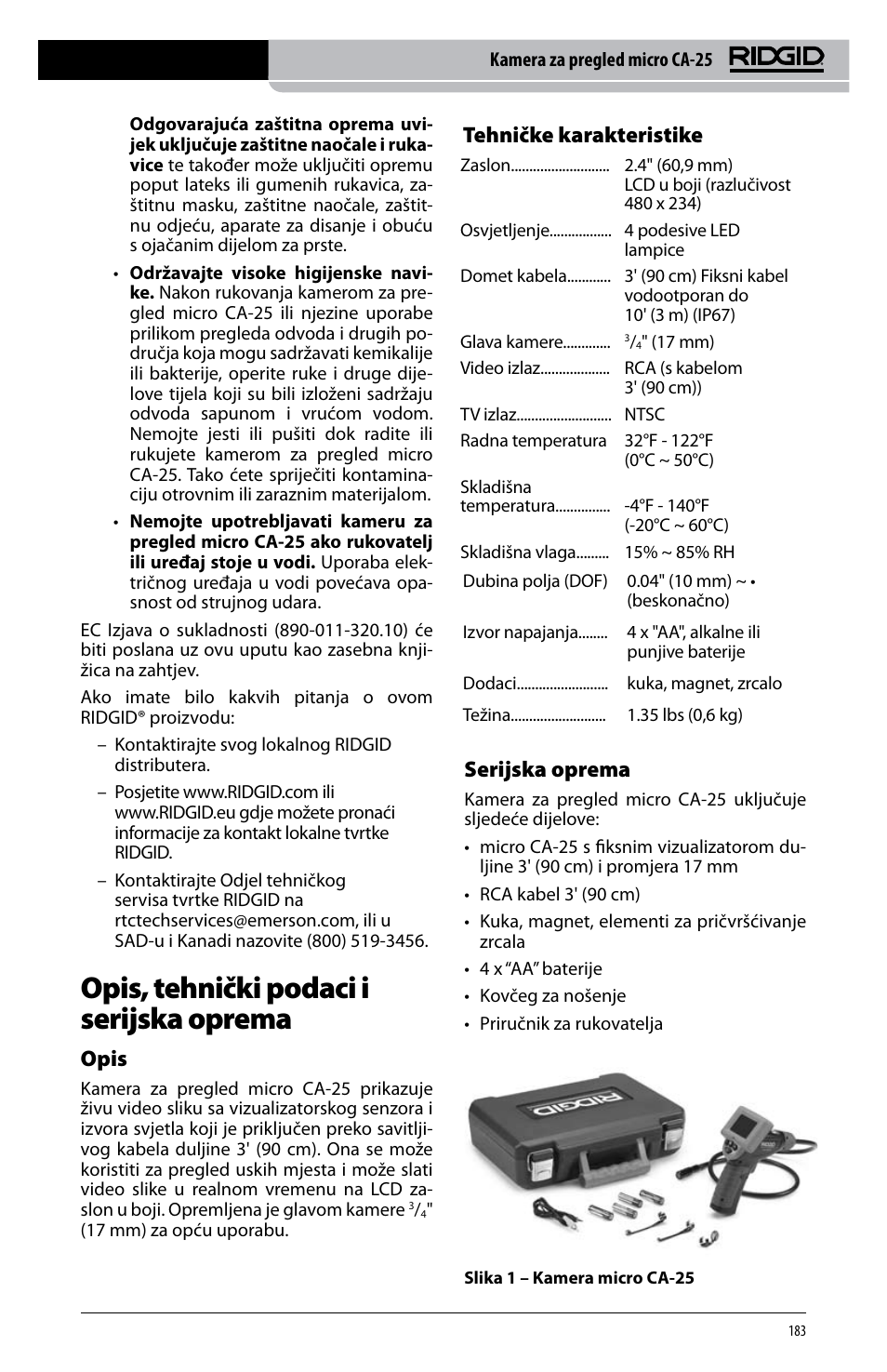 Opis, tehnički podaci i serijska oprema, Opis, Tehničke karakteristike | Serijska oprema | RIDGID micro CA-25 User Manual | Page 185 / 236