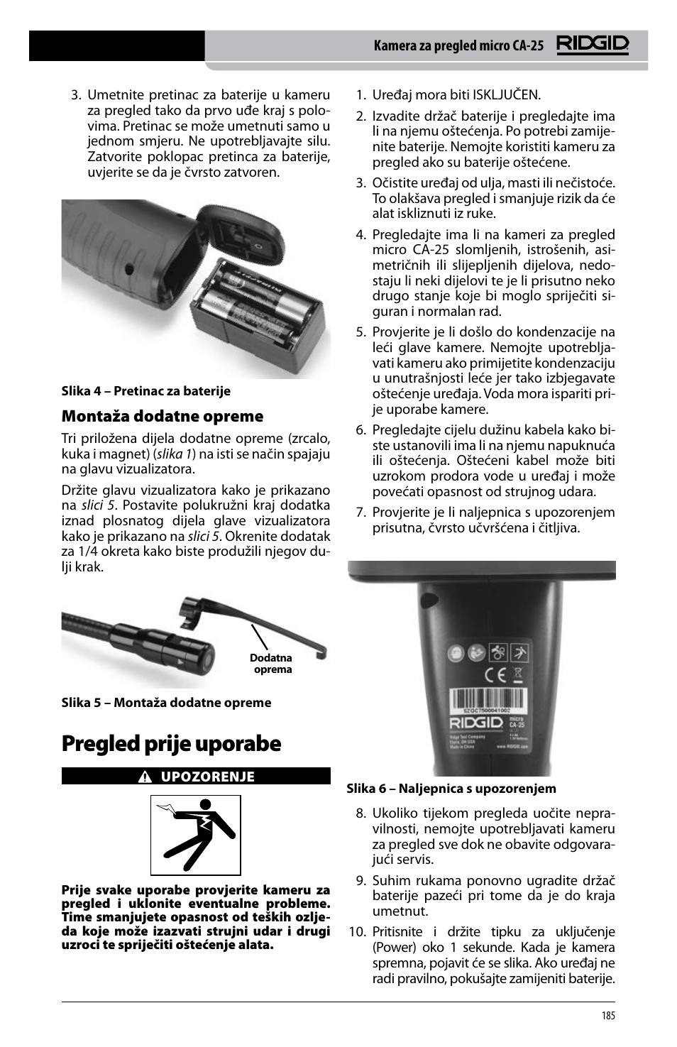 Pregled prije uporabe, Montaža dodatne opreme | RIDGID micro CA-25 User Manual | Page 187 / 236