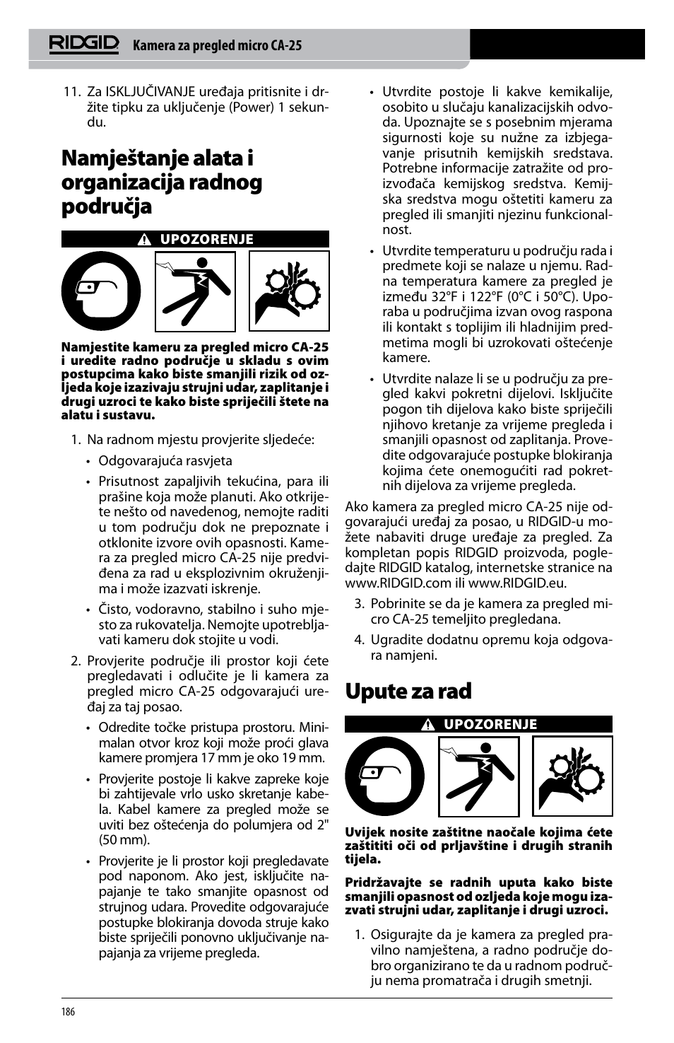 Namještanje alata i organizacija radnog područja, Upute za rad | RIDGID micro CA-25 User Manual | Page 188 / 236