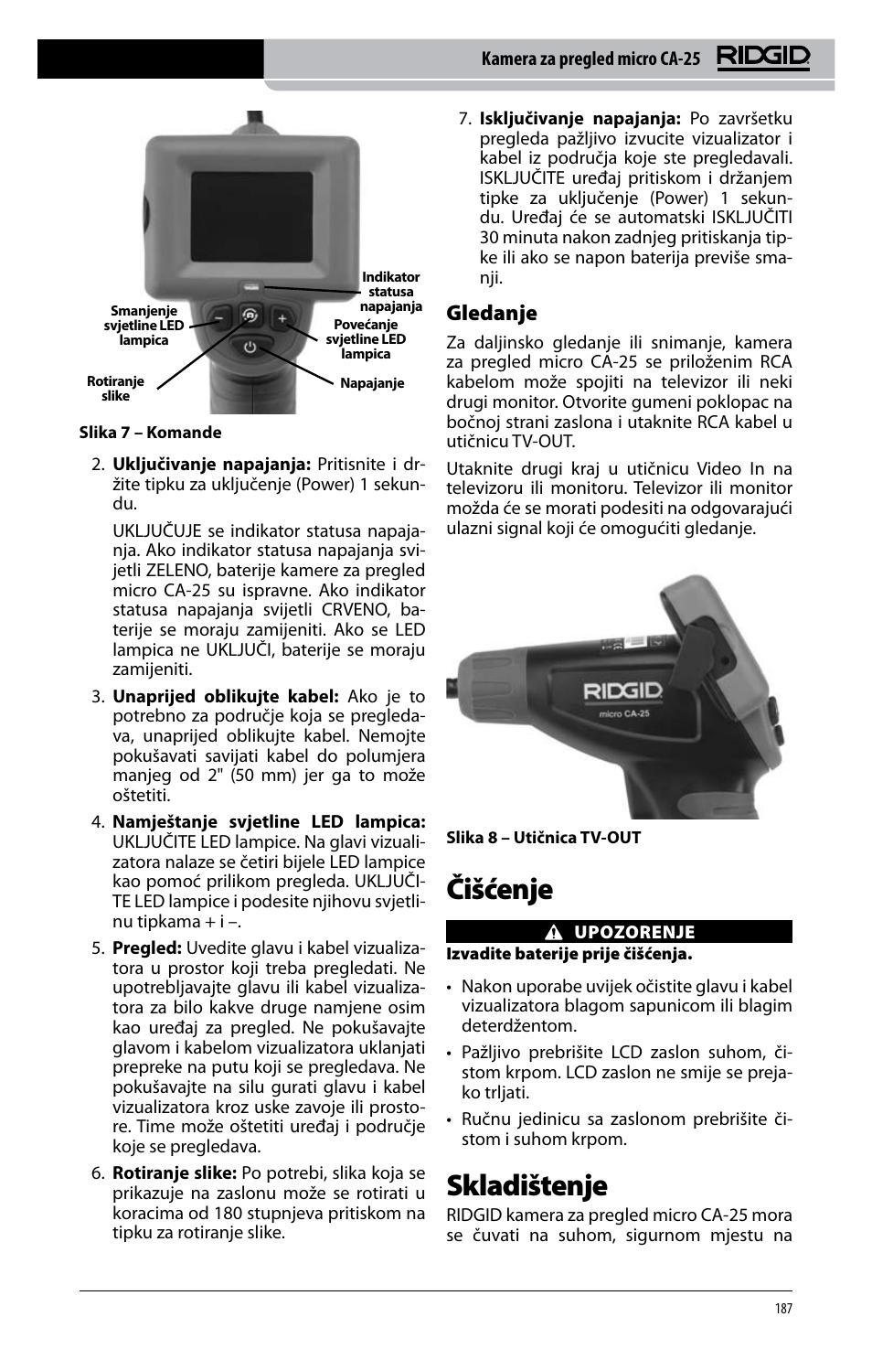 Čišćenje, Skladištenje, Gledanje | RIDGID micro CA-25 User Manual | Page 189 / 236