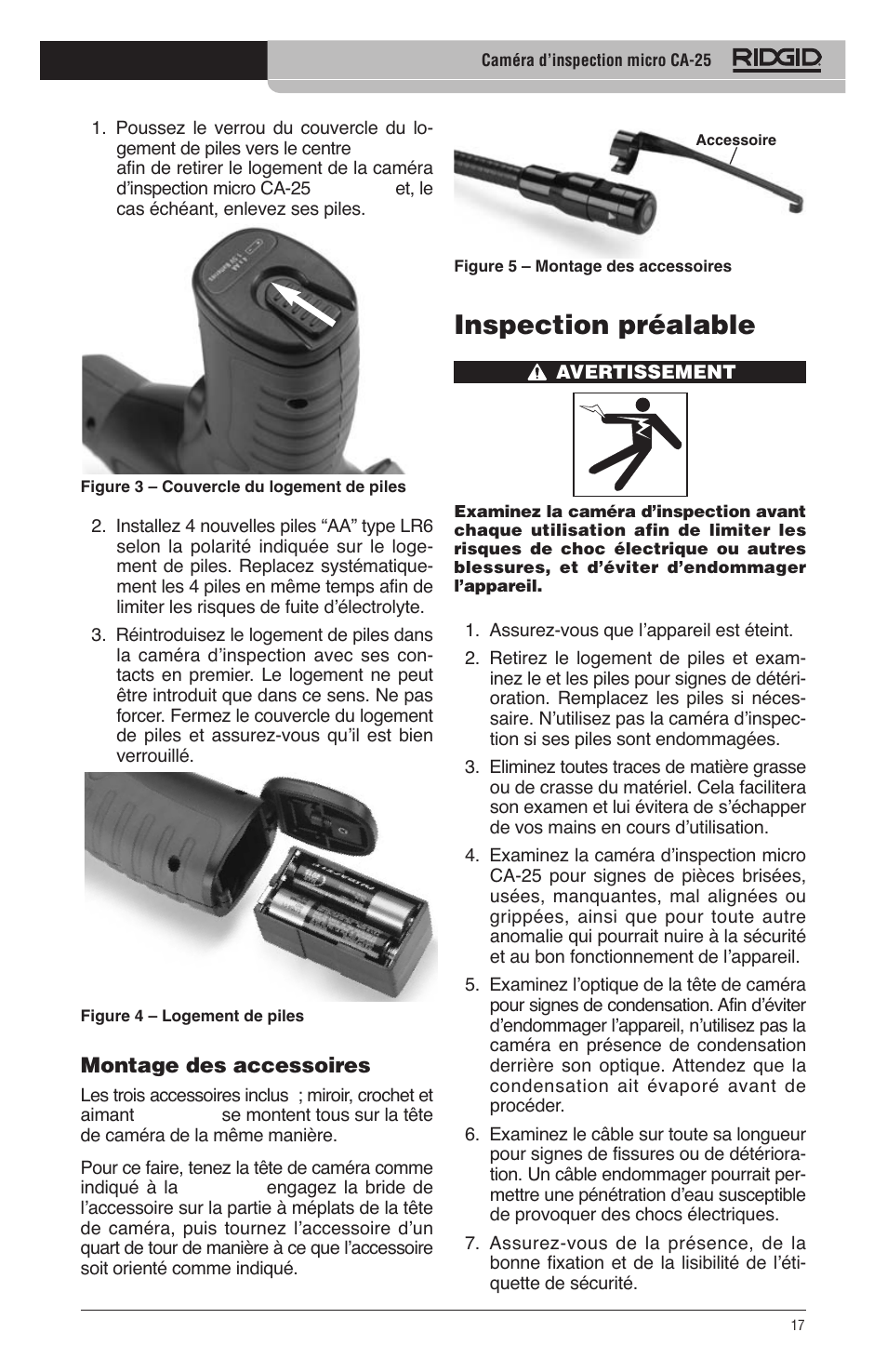 Inspection préalable | RIDGID micro CA-25 User Manual | Page 19 / 236