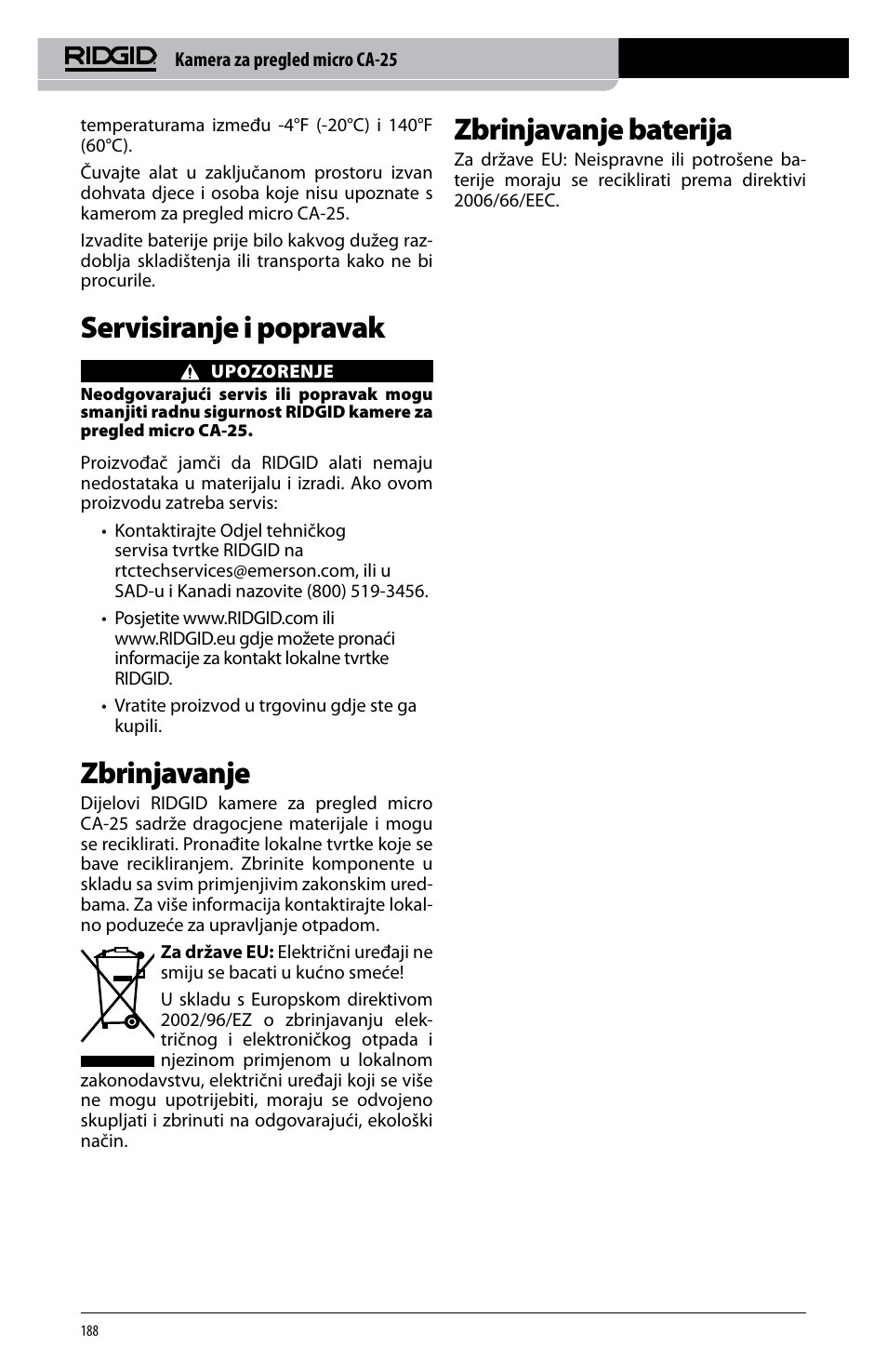 Servisiranje i popravak, Zbrinjavanje, Zbrinjavanje baterija | RIDGID micro CA-25 User Manual | Page 190 / 236