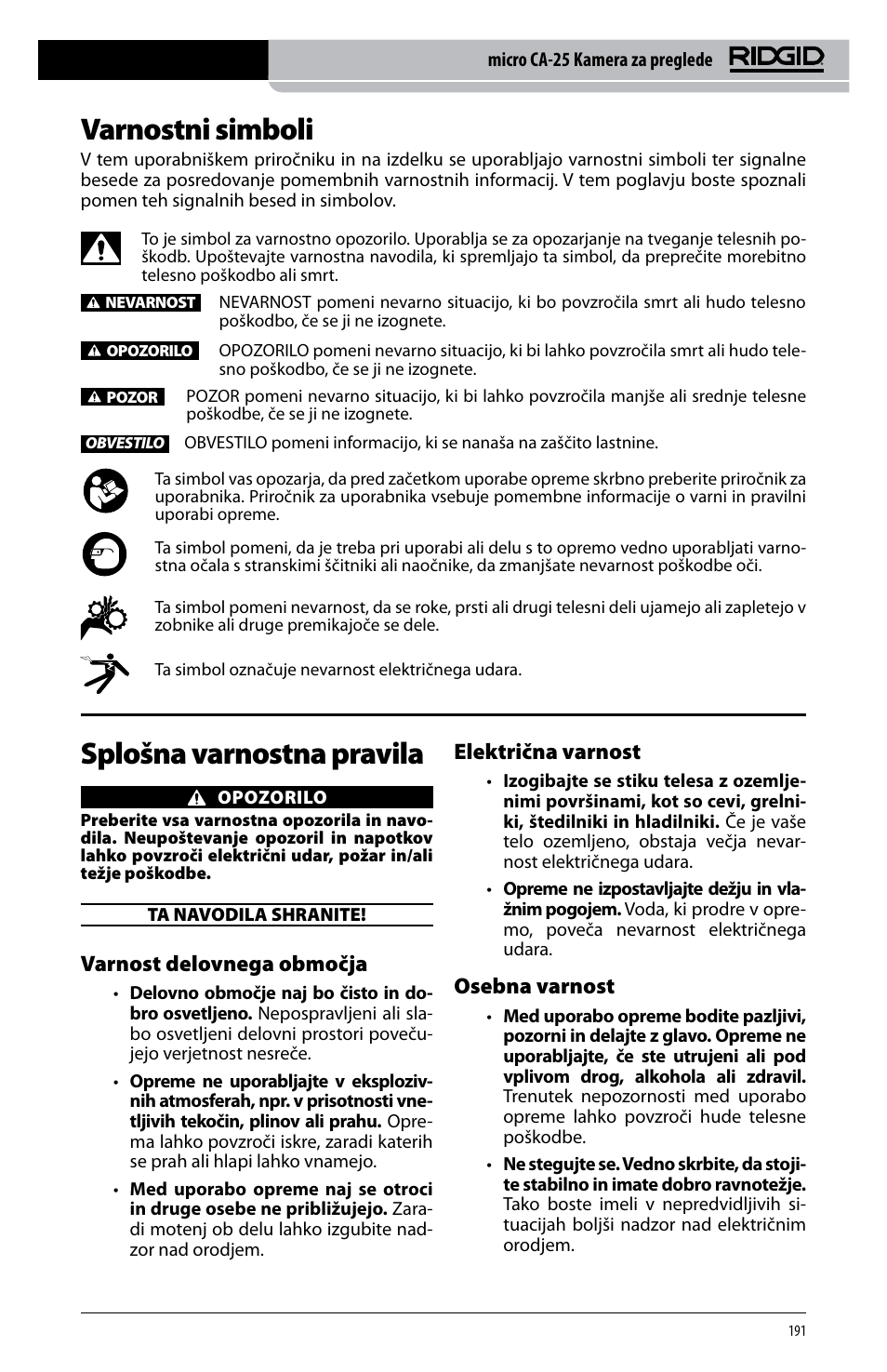 Varnostni simboli, Splošna varnostna pravila, Varnost delovnega območja | Električna varnost, Osebna varnost | RIDGID micro CA-25 User Manual | Page 193 / 236