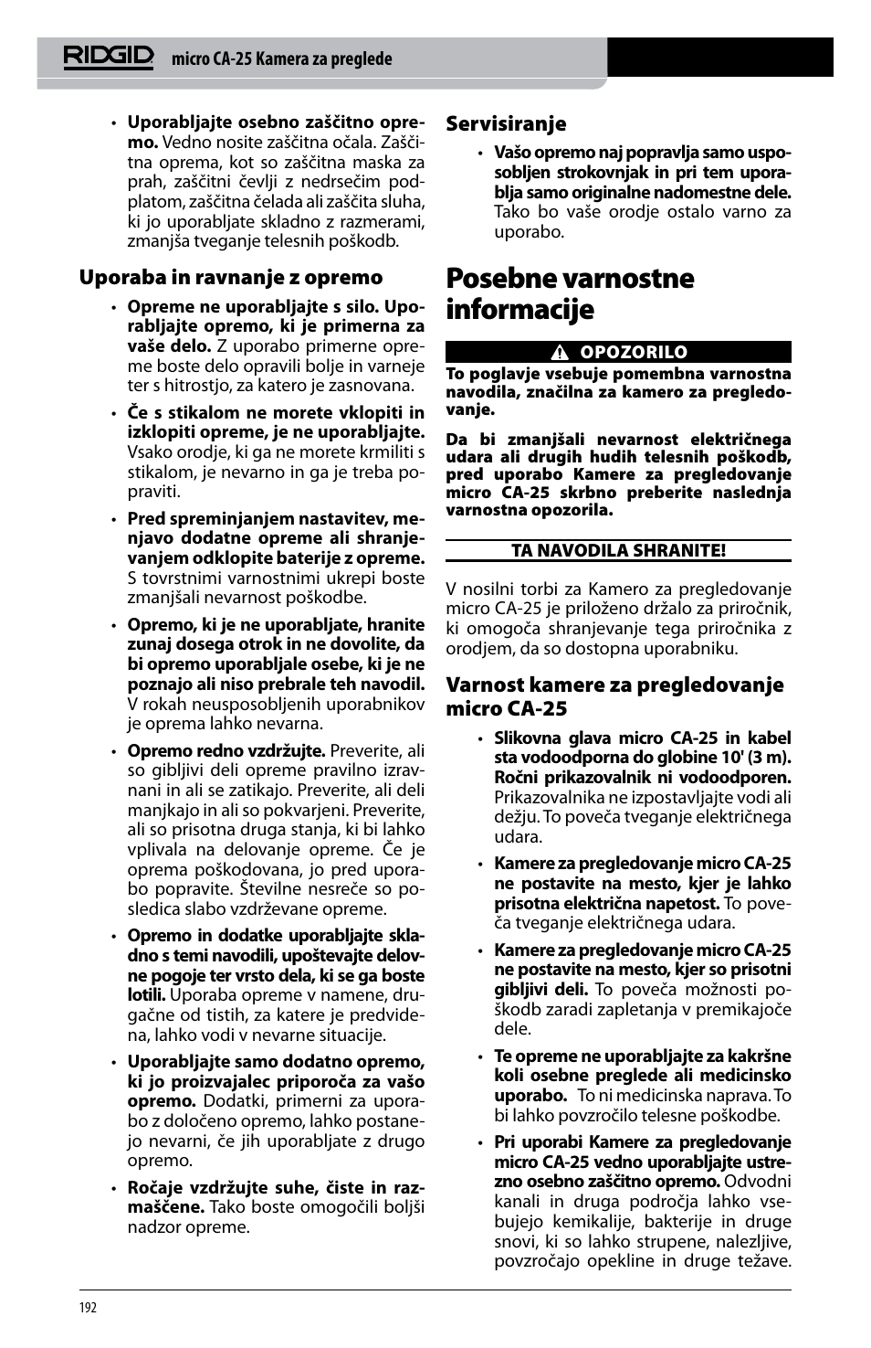 Posebne varnostne informacije, Uporaba in ravnanje z opremo, Servisiranje | Varnost kamere za pregledovanje micro ca-25 | RIDGID micro CA-25 User Manual | Page 194 / 236