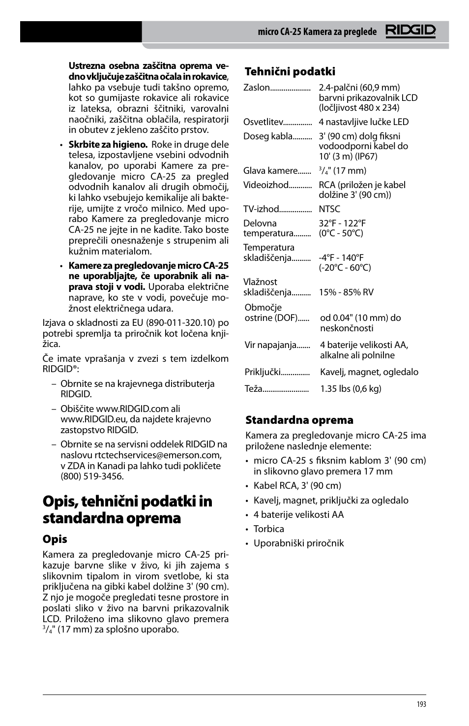 Opis, tehnični podatki in standardna oprema, Opis, Tehnični podatki | Standardna oprema | RIDGID micro CA-25 User Manual | Page 195 / 236