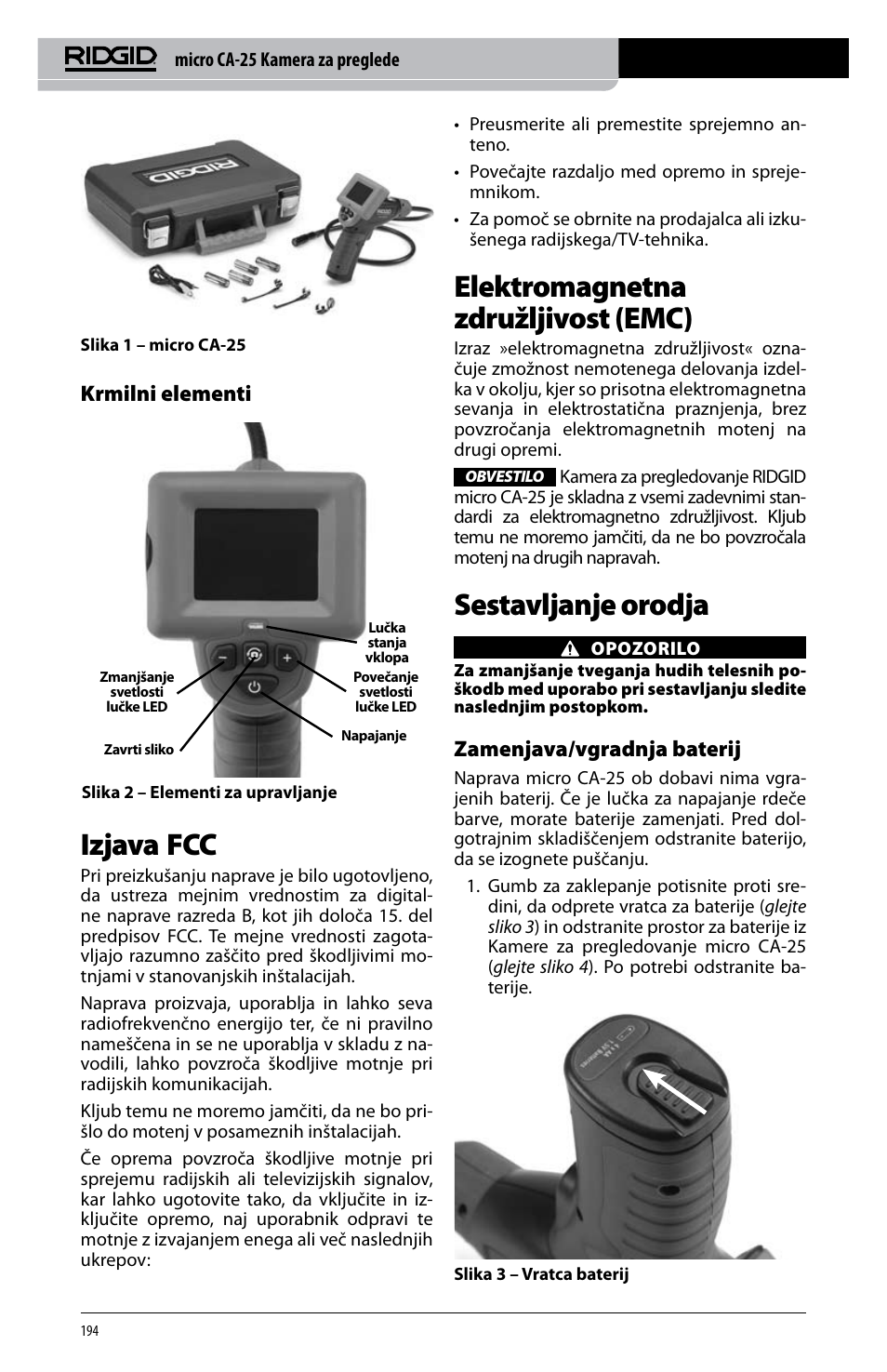 Izjava fcc, Elektromagnetna združljivost (emc), Sestavljanje orodja | Krmilni elementi, Zamenjava/vgradnja baterij | RIDGID micro CA-25 User Manual | Page 196 / 236