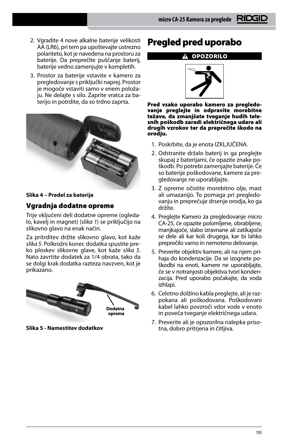 Pregled pred uporabo, Vgradnja dodatne opreme | RIDGID micro CA-25 User Manual | Page 197 / 236