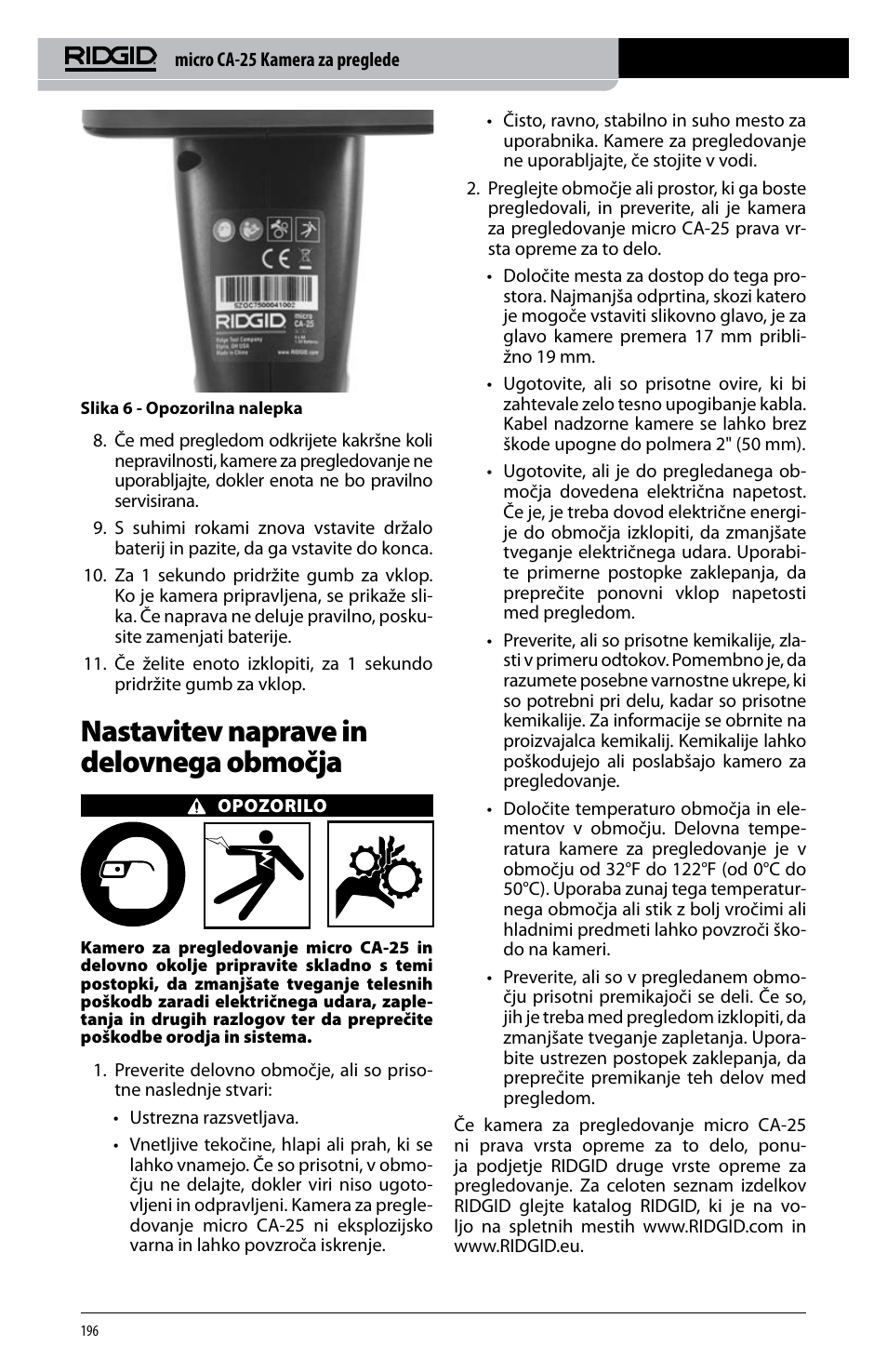 Nastavitev naprave in delovnega območja | RIDGID micro CA-25 User Manual | Page 198 / 236