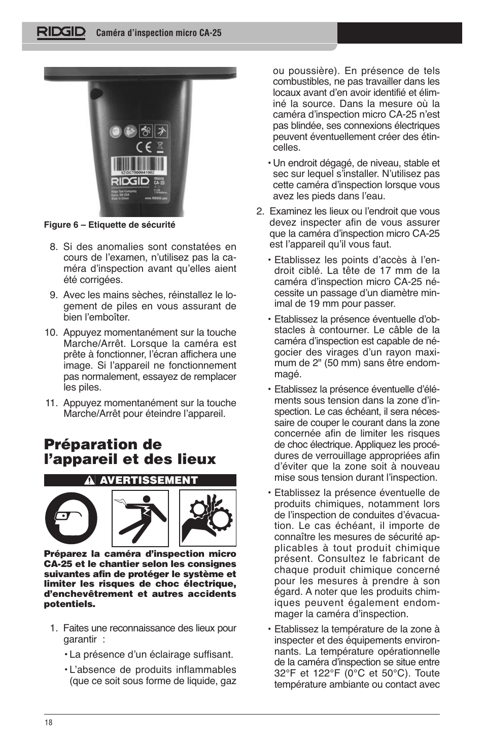 Préparation de l’appareil et des lieux | RIDGID micro CA-25 User Manual | Page 20 / 236