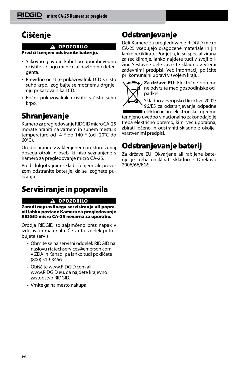 Čiščenje, Shranjevanje, Servisiranje in popravila | Odstranjevanje, Odstranjevanje baterij | RIDGID micro CA-25 User Manual | Page 200 / 236