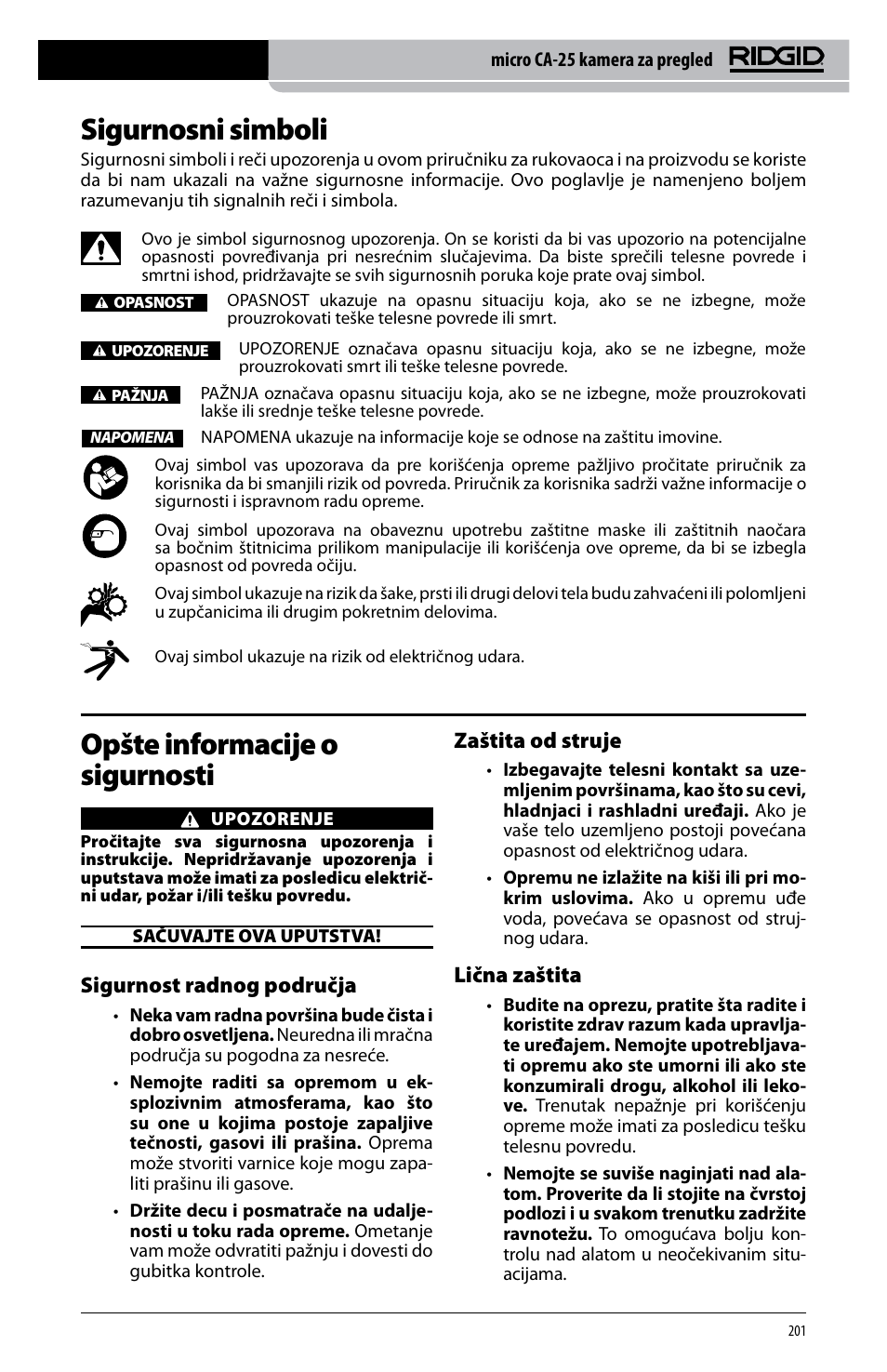 Sigurnosni simboli, Opšte informacije o sigurnosti, Sigurnost radnog područja | Zaštita od struje, Lična zaštita | RIDGID micro CA-25 User Manual | Page 203 / 236