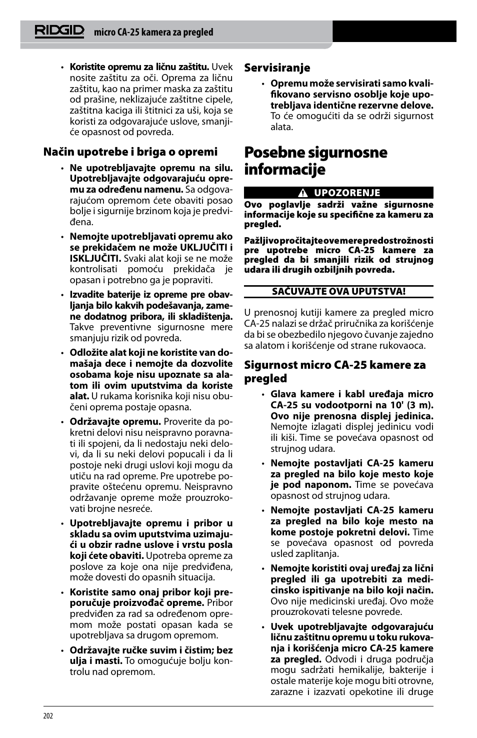 Posebne sigurnosne informacije, Način upotrebe i briga o opremi, Servisiranje | Sigurnost micro ca-25 kamere za pregled | RIDGID micro CA-25 User Manual | Page 204 / 236