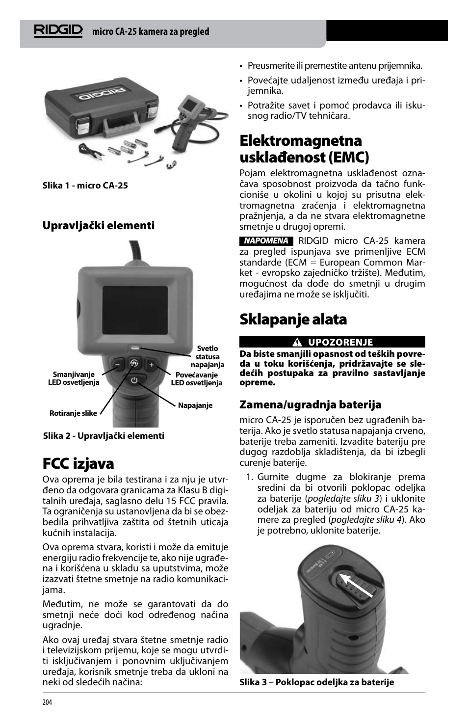 Fcc izjava, Elektromagnetna usklađenost (emc), Sklapanje alata | Upravljački elementi, Zamena/ugradnja baterija | RIDGID micro CA-25 User Manual | Page 206 / 236