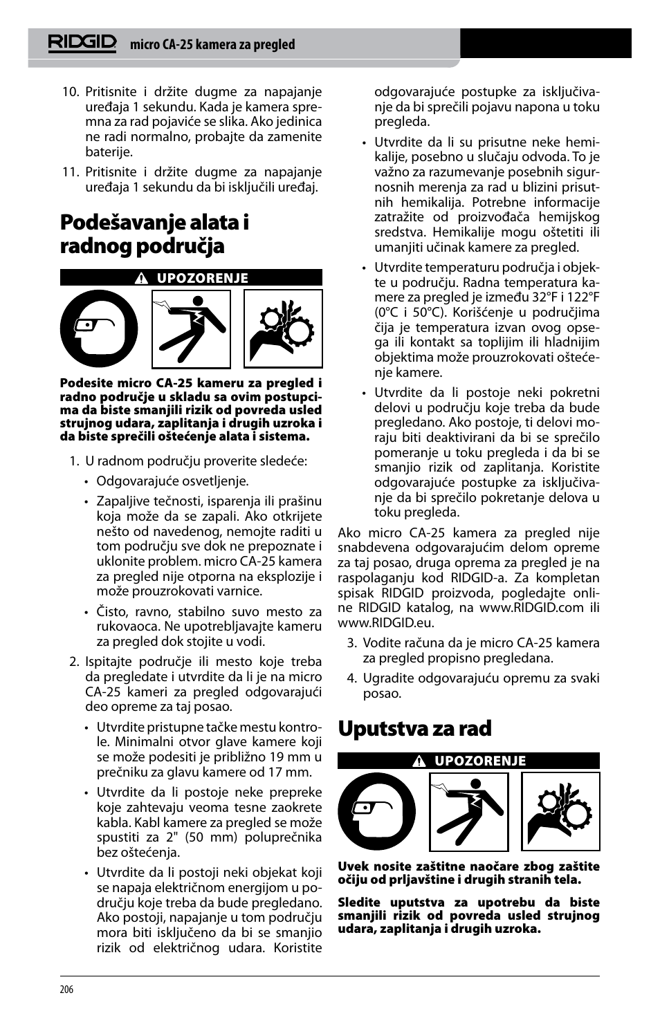 Podešavanje alata i radnog područja, Uputstva za rad | RIDGID micro CA-25 User Manual | Page 208 / 236