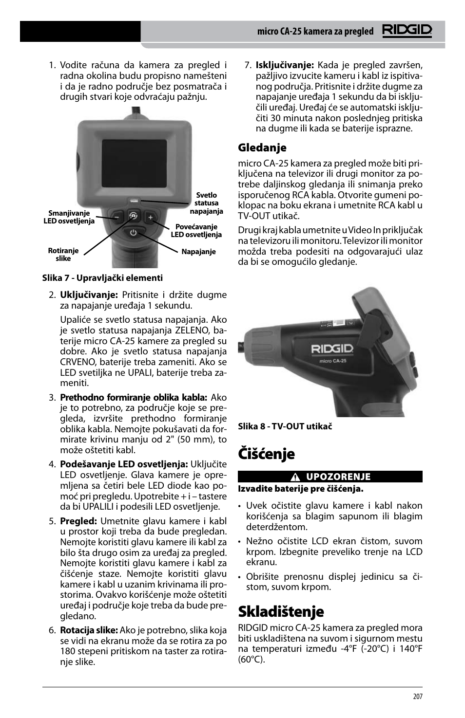 Čišćenje, Skladištenje, Gledanje | RIDGID micro CA-25 User Manual | Page 209 / 236