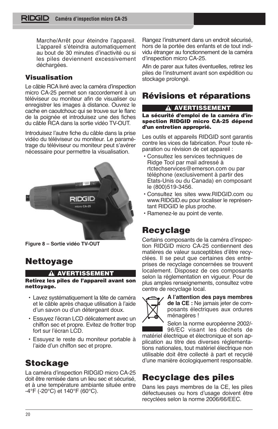 Nettoyage, Stockage, Révisions et réparations | Recyclage, Recyclage des piles | RIDGID micro CA-25 User Manual | Page 22 / 236