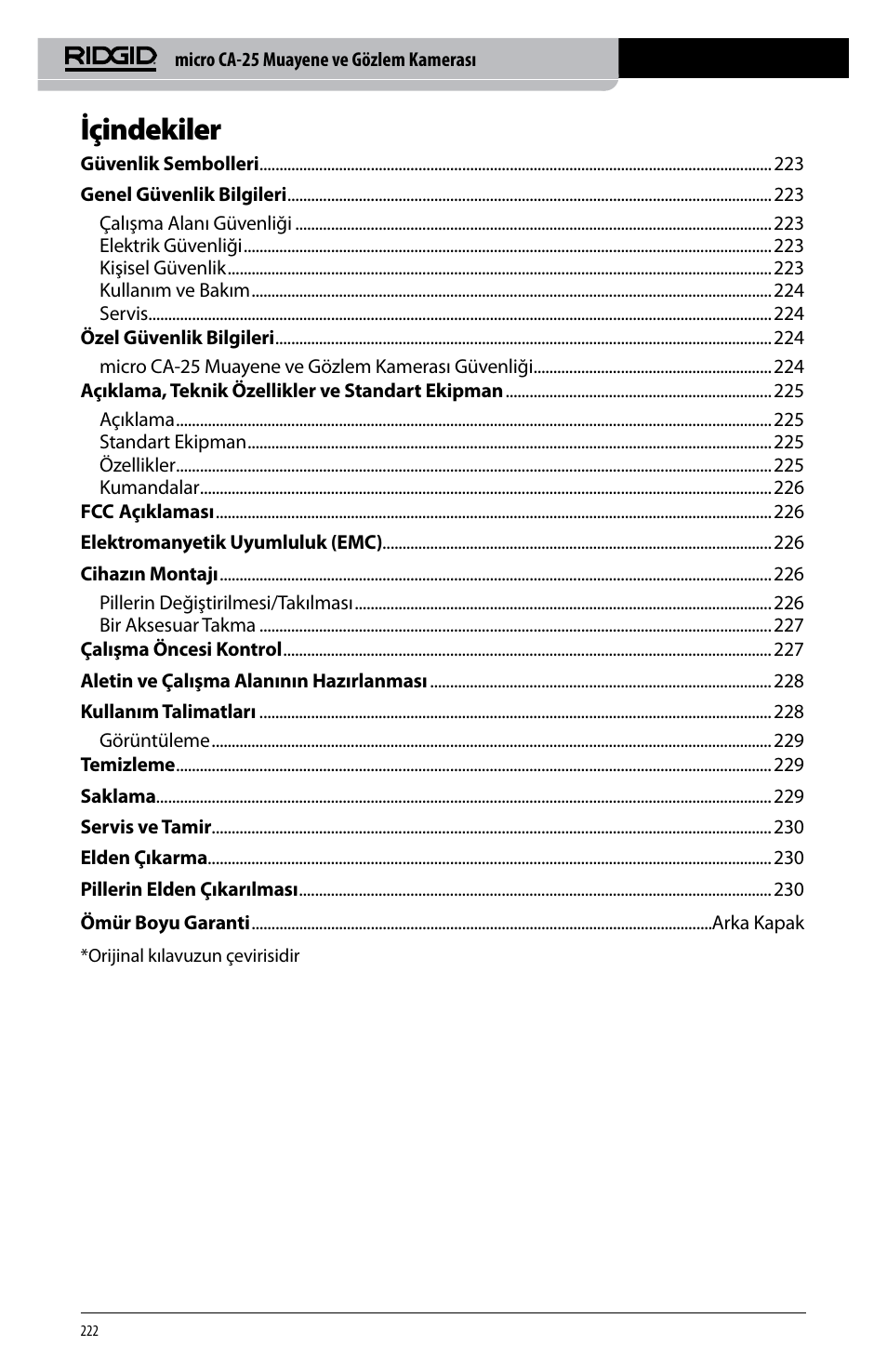 Içindekiler | RIDGID micro CA-25 User Manual | Page 224 / 236