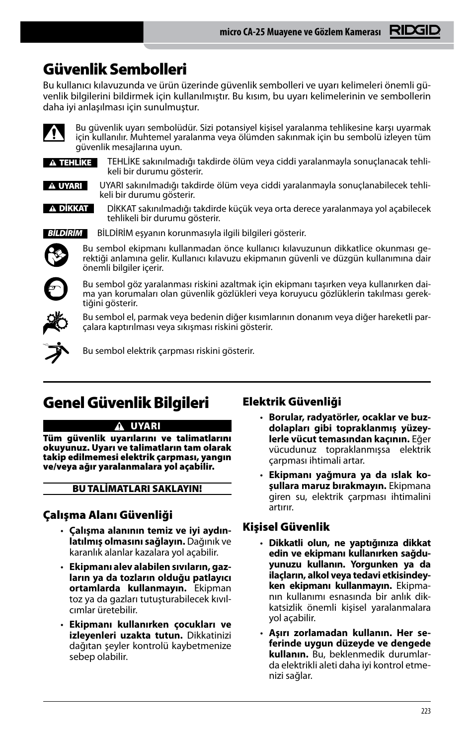 Güvenlik sembolleri, Genel güvenlik bilgileri, Çalışma alanı güvenliği | Elektrik güvenliği, Kişisel güvenlik | RIDGID micro CA-25 User Manual | Page 225 / 236