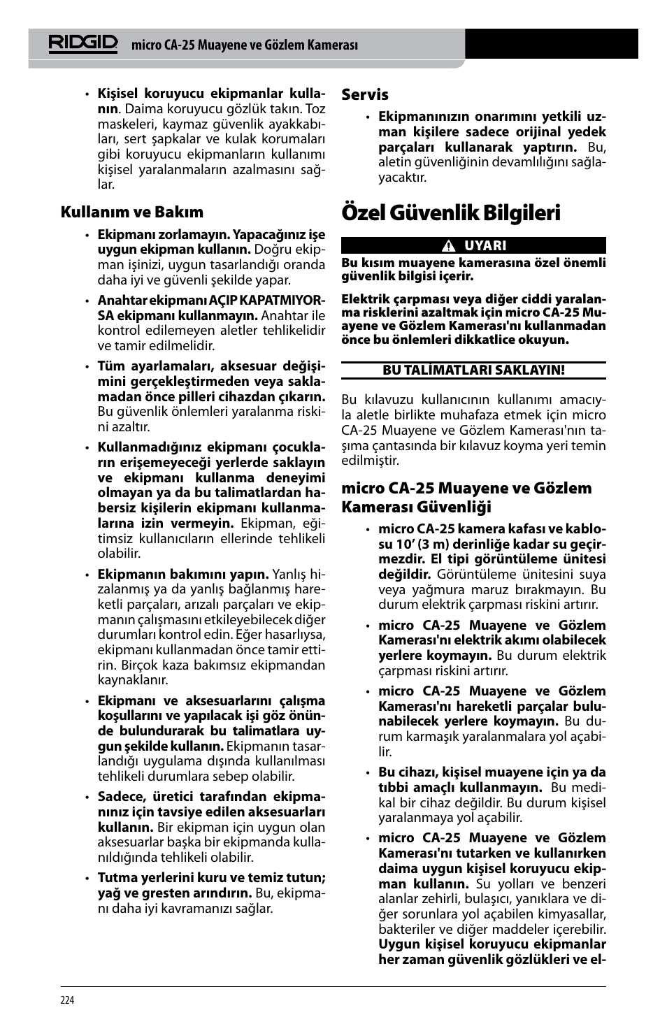 Özel güvenlik bilgileri, Kullanım ve bakım, Servis | Micro ca-25 muayene ve gözlem kamerası güvenliği | RIDGID micro CA-25 User Manual | Page 226 / 236