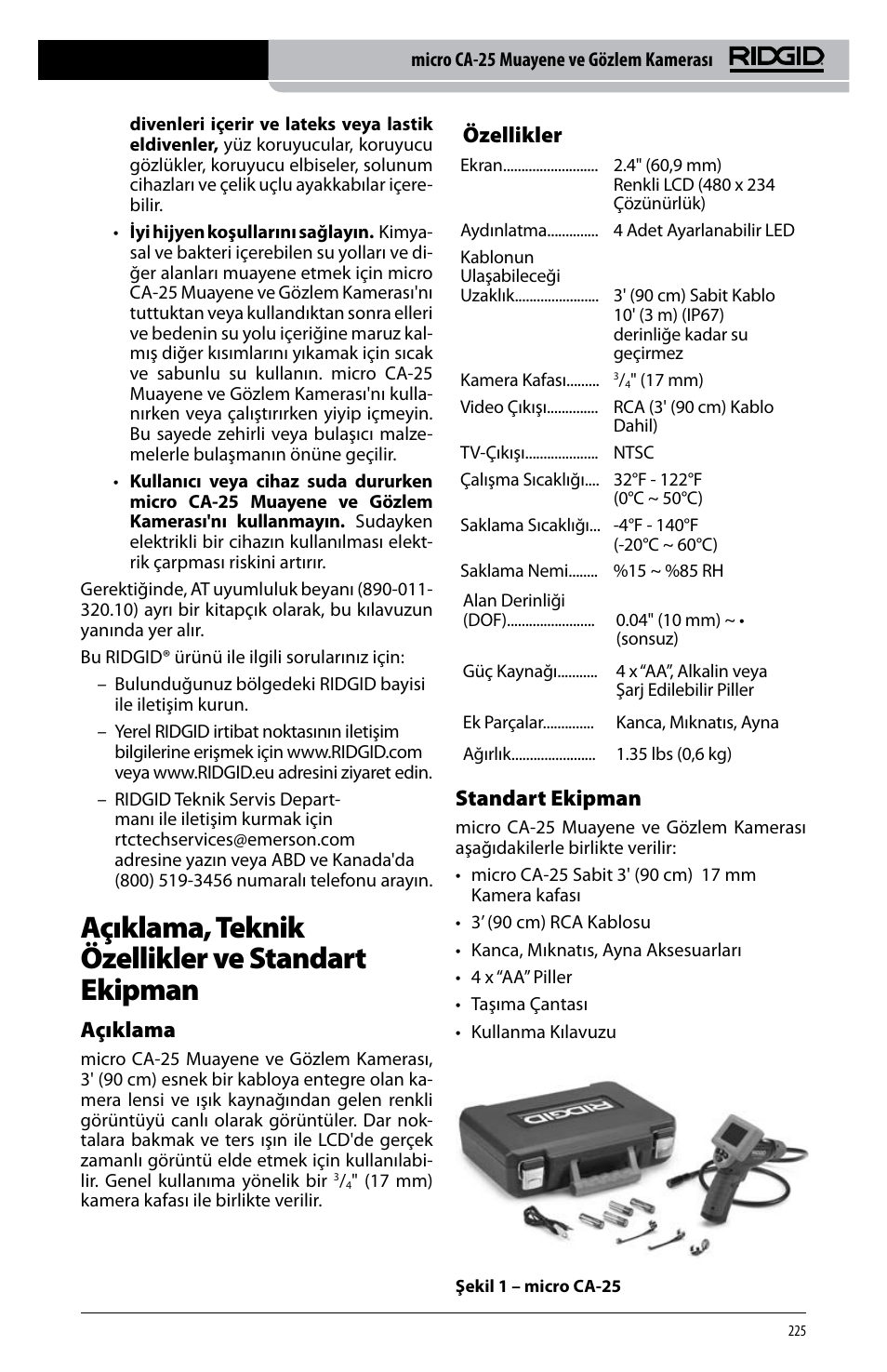 Açıklama, teknik özellikler ve standart ekipman, Açıklama, Özellikler | Standart ekipman | RIDGID micro CA-25 User Manual | Page 227 / 236