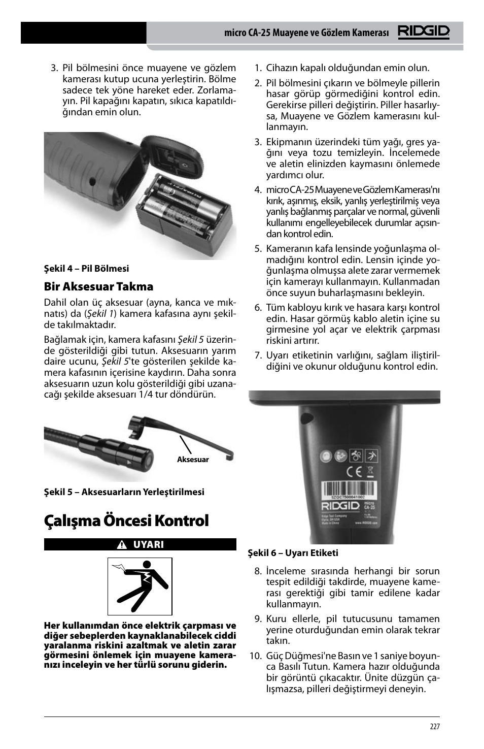 Çalışma öncesi kontrol, Bir aksesuar takma | RIDGID micro CA-25 User Manual | Page 229 / 236