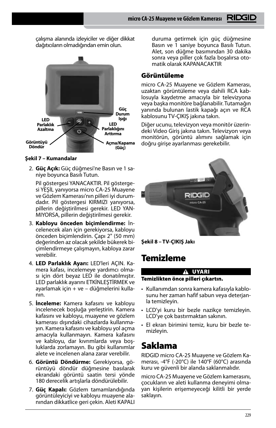 Temizleme, Saklama, Görüntüleme | RIDGID micro CA-25 User Manual | Page 231 / 236