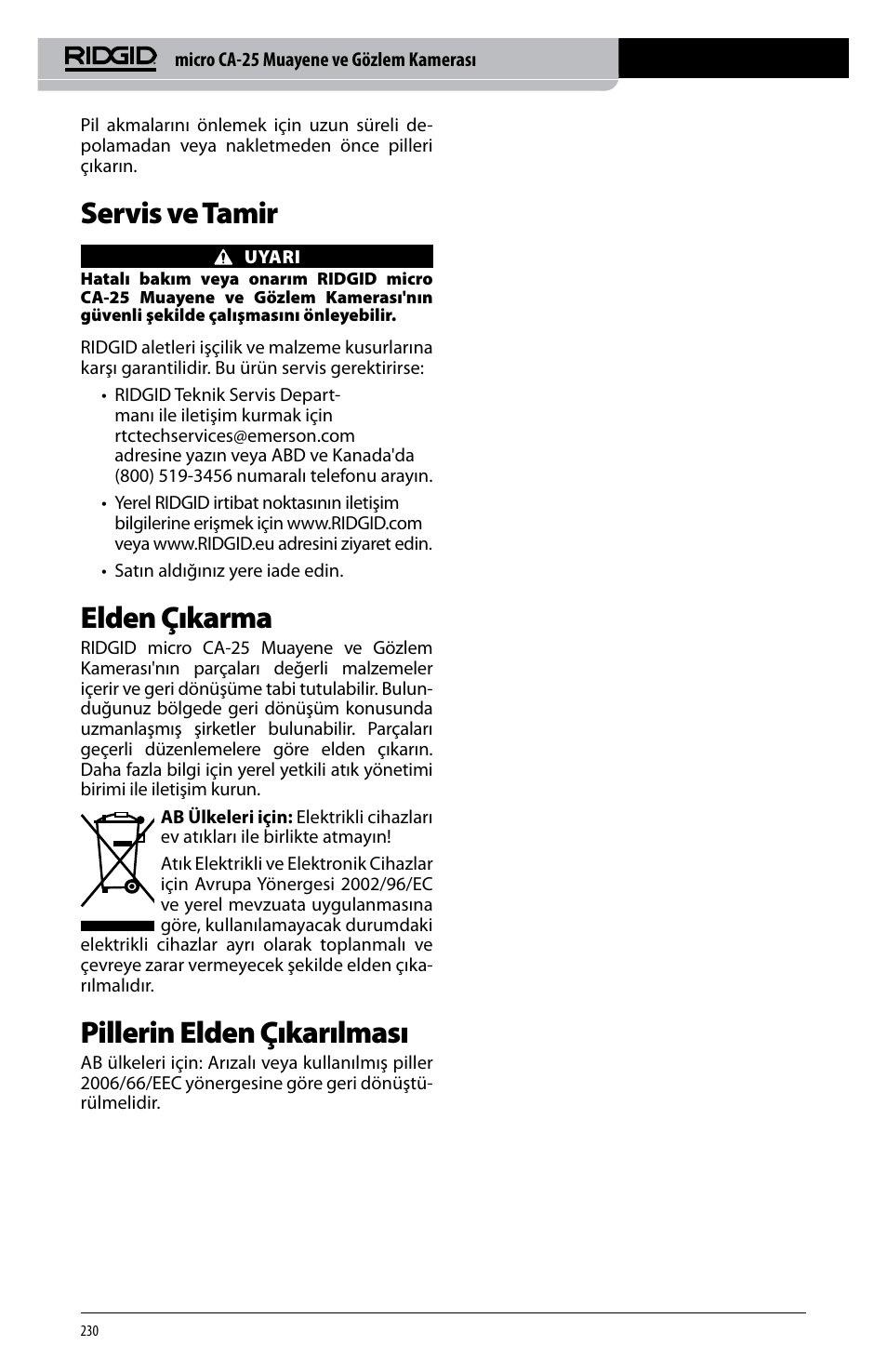 Servis ve tamir, Elden çıkarma, Pillerin elden çıkarılması | RIDGID micro CA-25 User Manual | Page 232 / 236