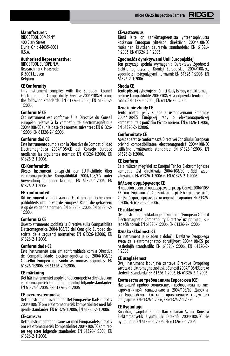 RIDGID micro CA-25 User Manual | Page 233 / 236