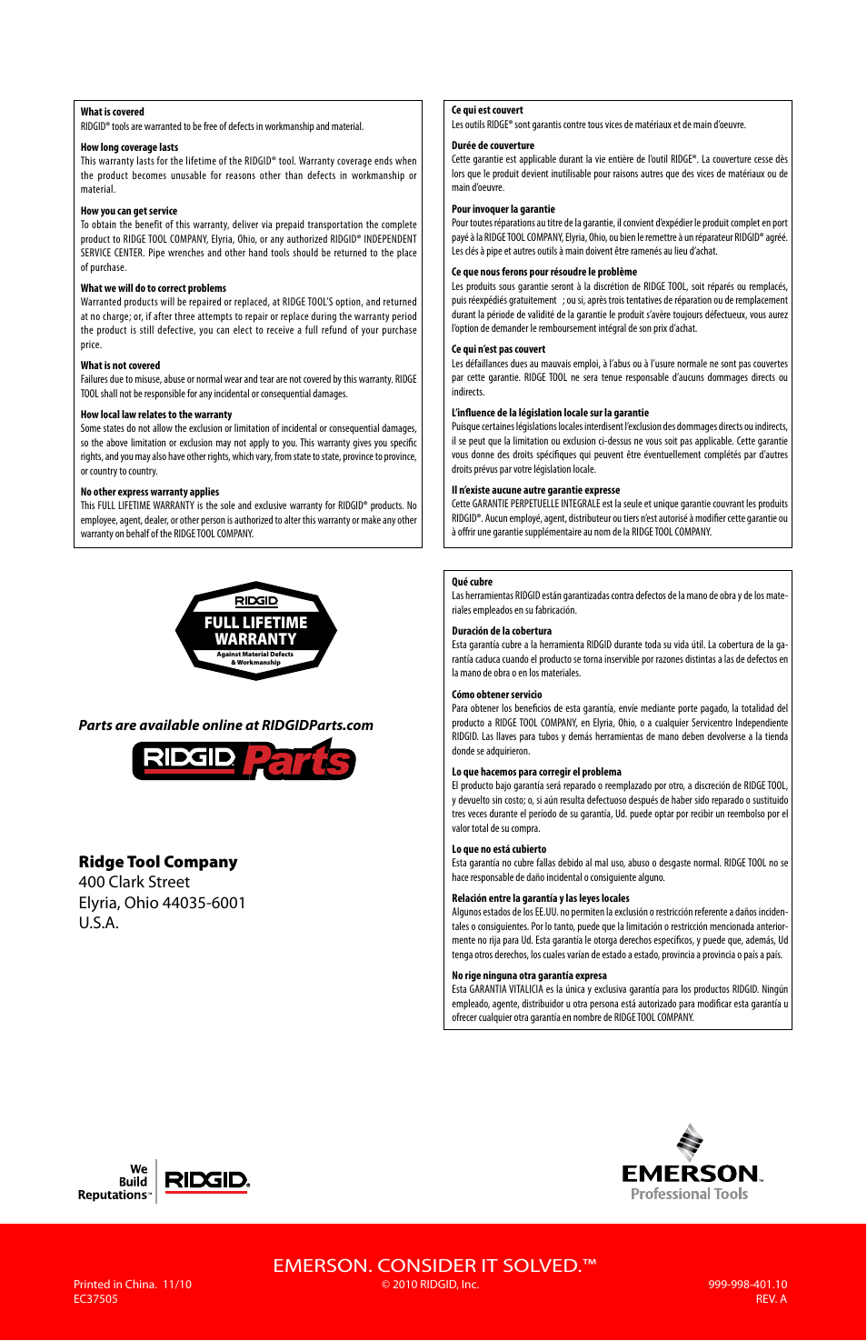 Emerson. consider it solved, Full lifetime warranty | RIDGID micro CA-25 User Manual | Page 236 / 236