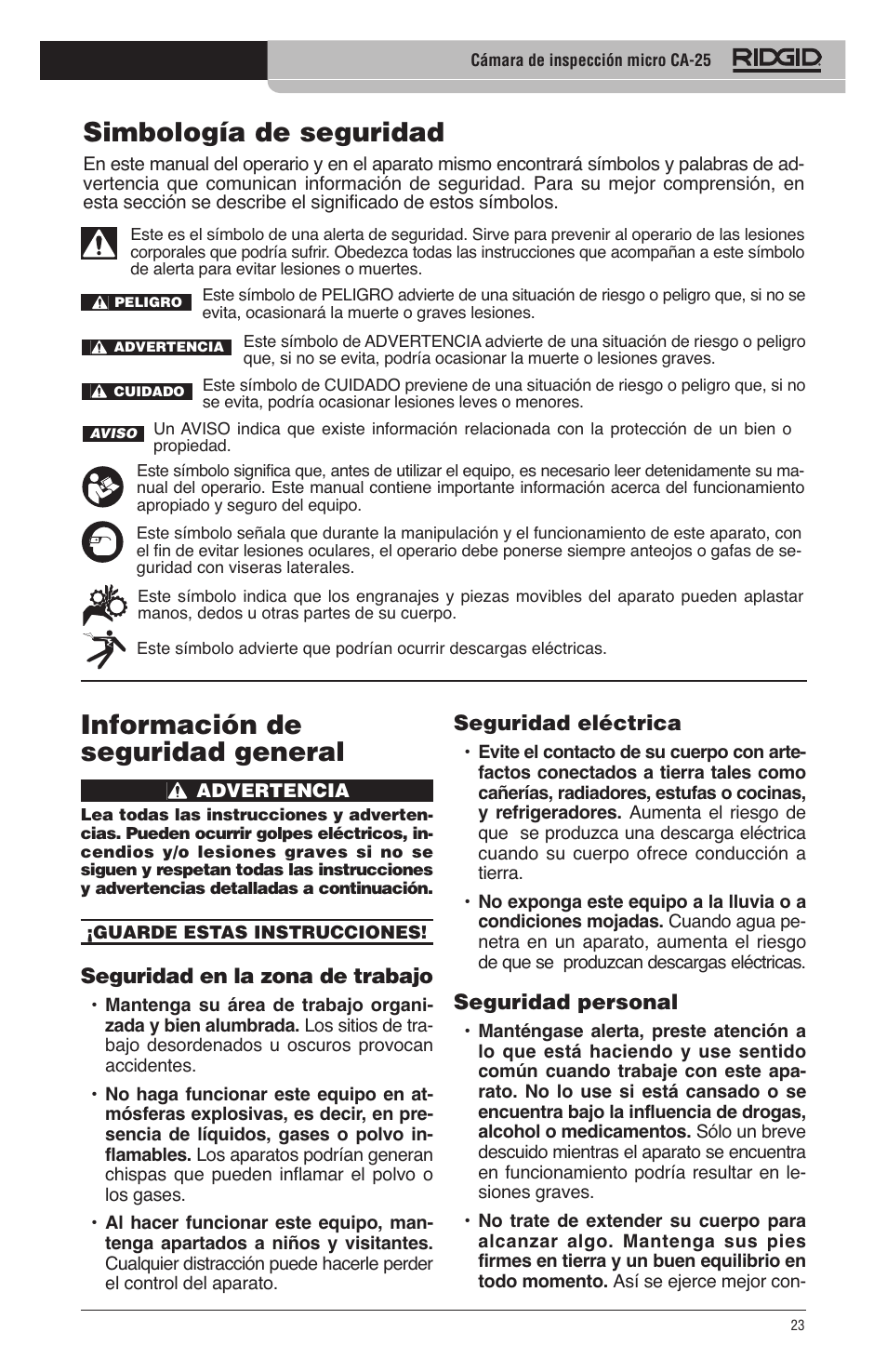 Simbología de seguridad, Información de seguridad general | RIDGID micro CA-25 User Manual | Page 25 / 236