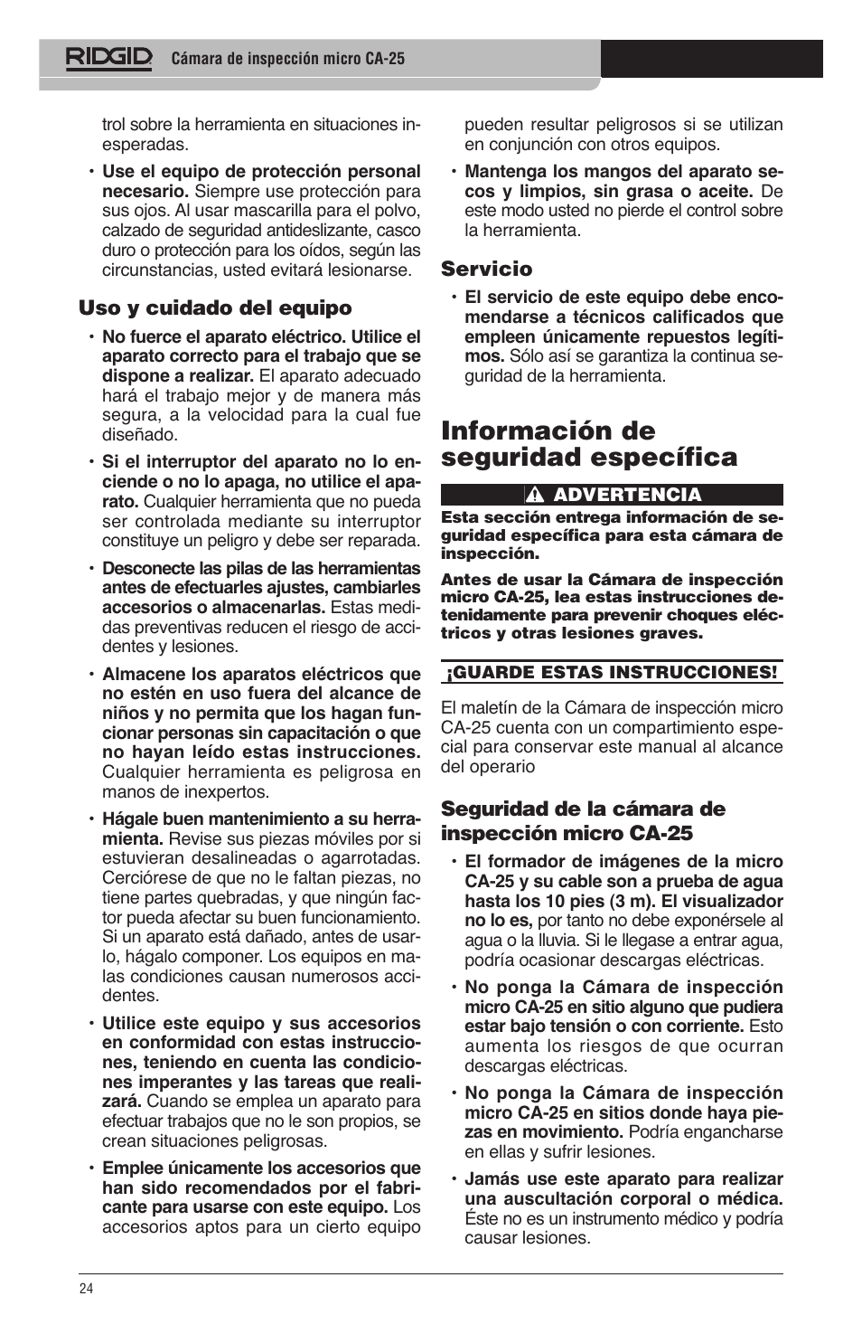 Información de seguridad específica | RIDGID micro CA-25 User Manual | Page 26 / 236