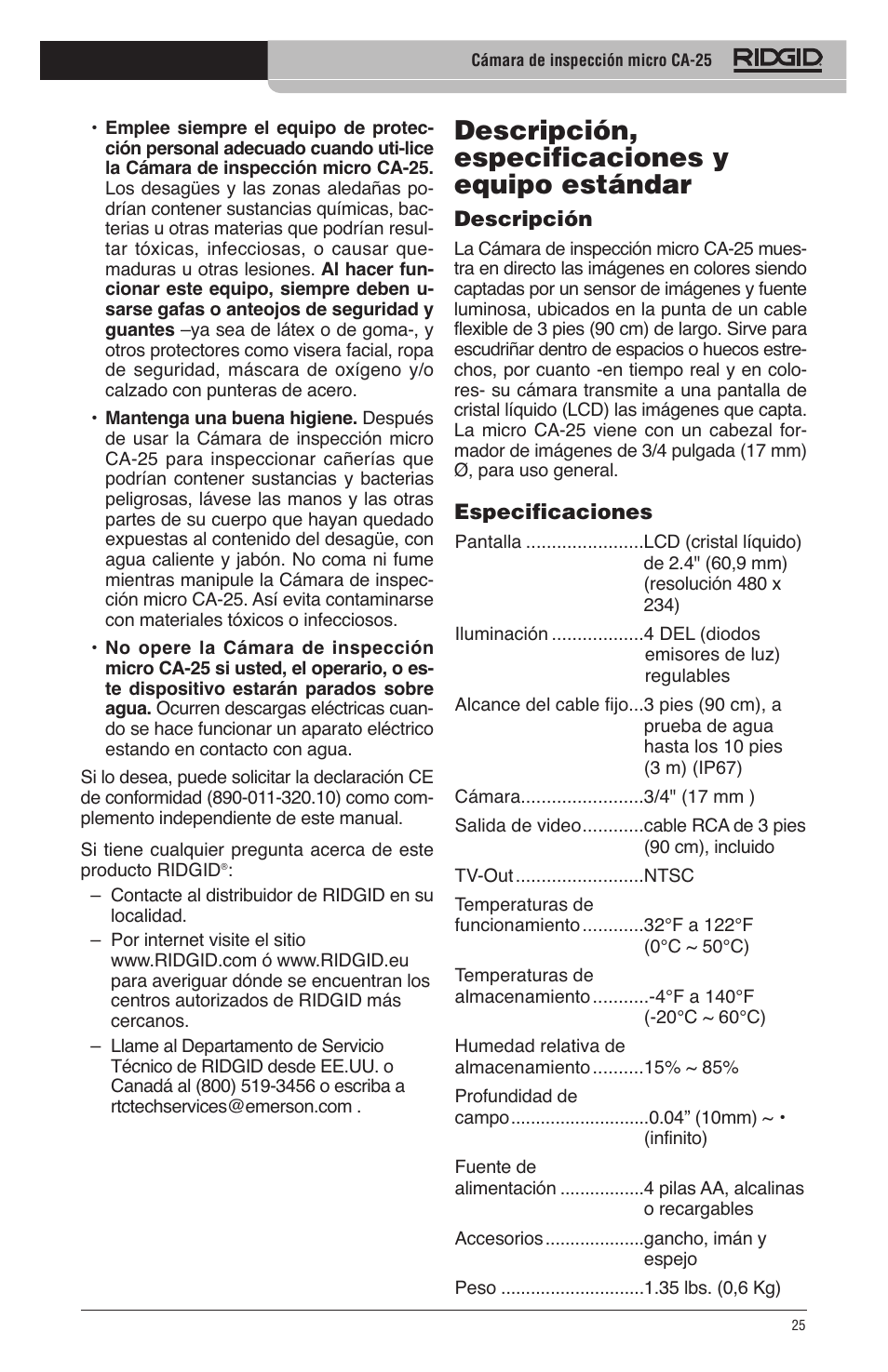 Descripción, especificaciones y equipo estándar | RIDGID micro CA-25 User Manual | Page 27 / 236