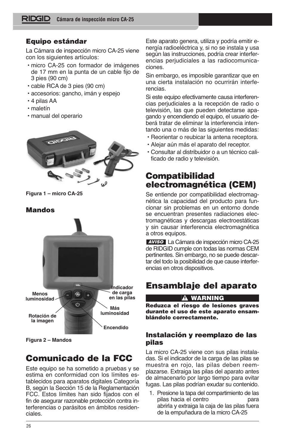 Compatibilidad electromagnética (cem), Ensamblaje del aparato, Comunicado de la fcc | RIDGID micro CA-25 User Manual | Page 28 / 236