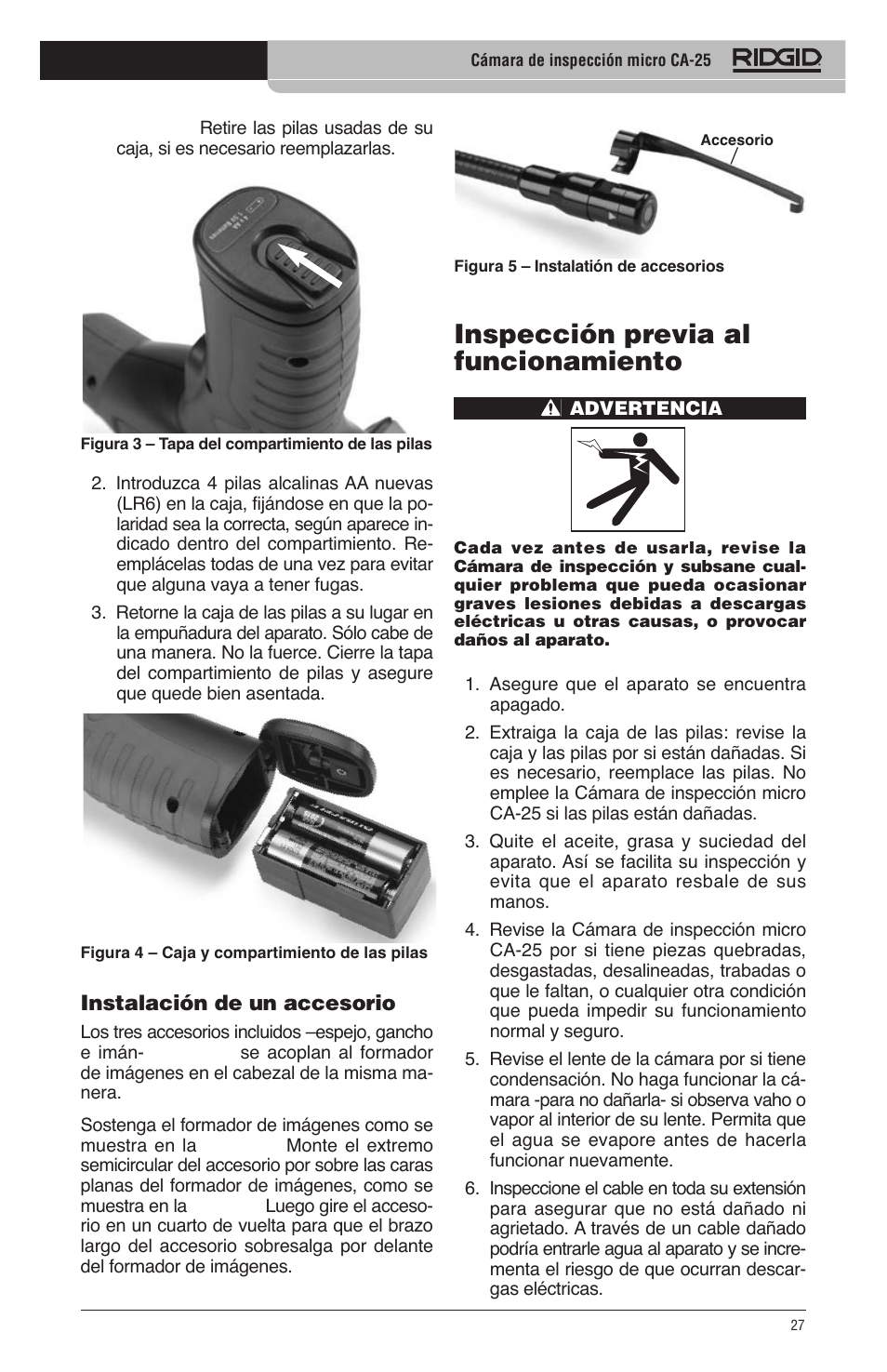 Inspección previa al funcionamiento | RIDGID micro CA-25 User Manual | Page 29 / 236