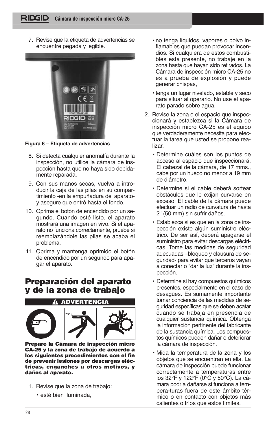 Preparación del aparato y de la zona de trabajo | RIDGID micro CA-25 User Manual | Page 30 / 236