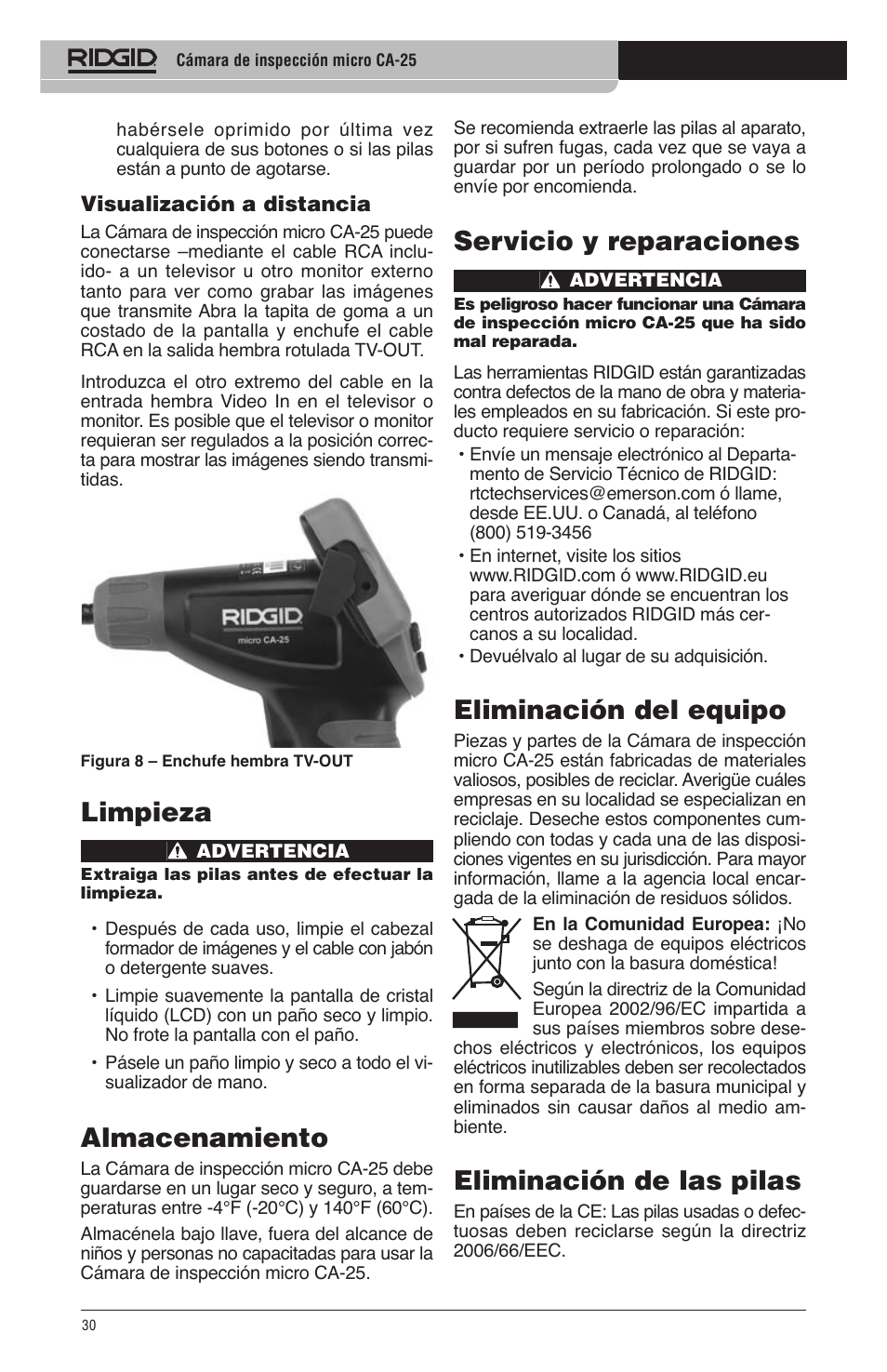 Limpieza, Almacenamiento, Servicio y reparaciones | Eliminación del equipo, Eliminación de las pilas | RIDGID micro CA-25 User Manual | Page 32 / 236