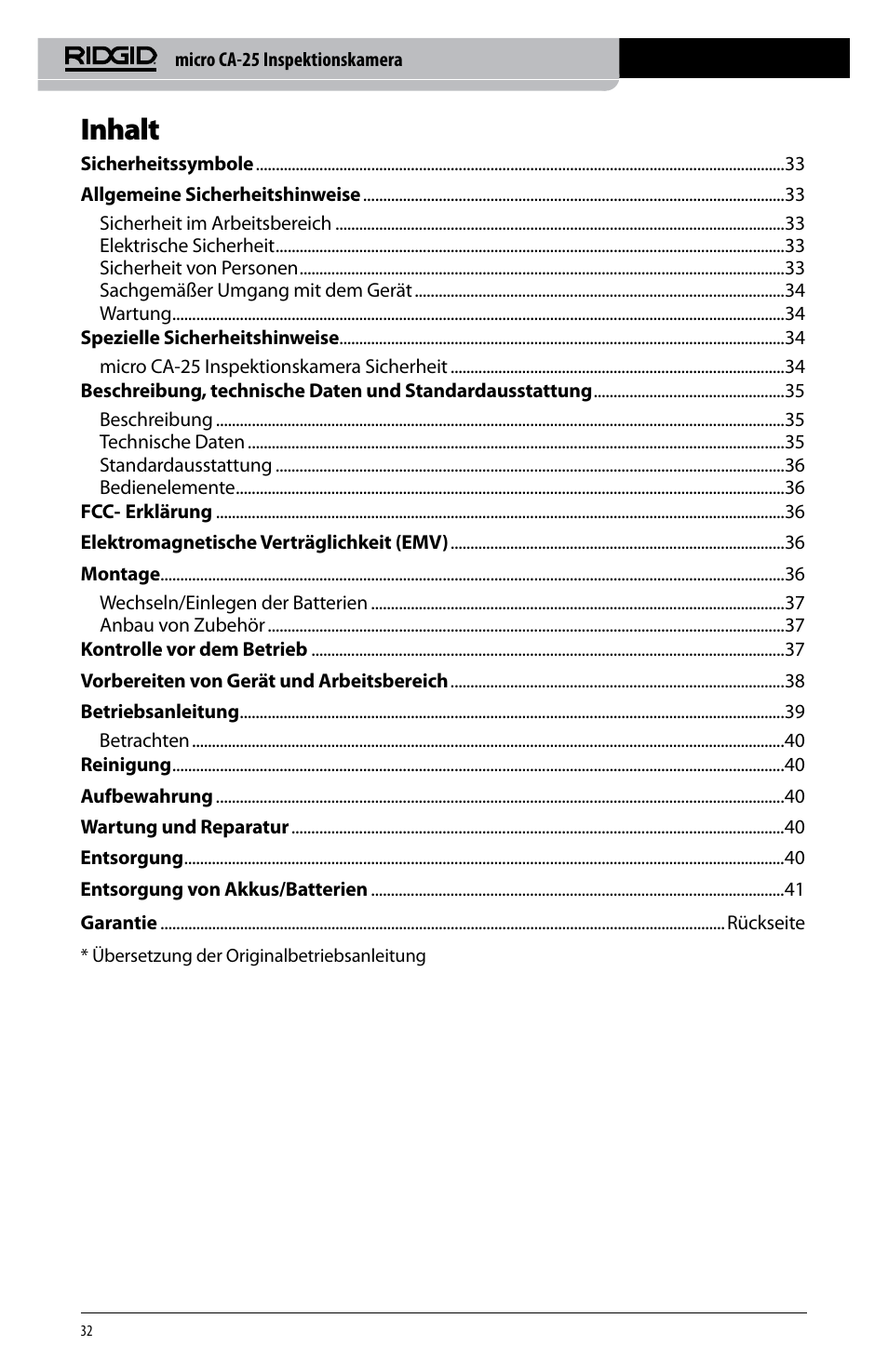 Inhalt | RIDGID micro CA-25 User Manual | Page 34 / 236