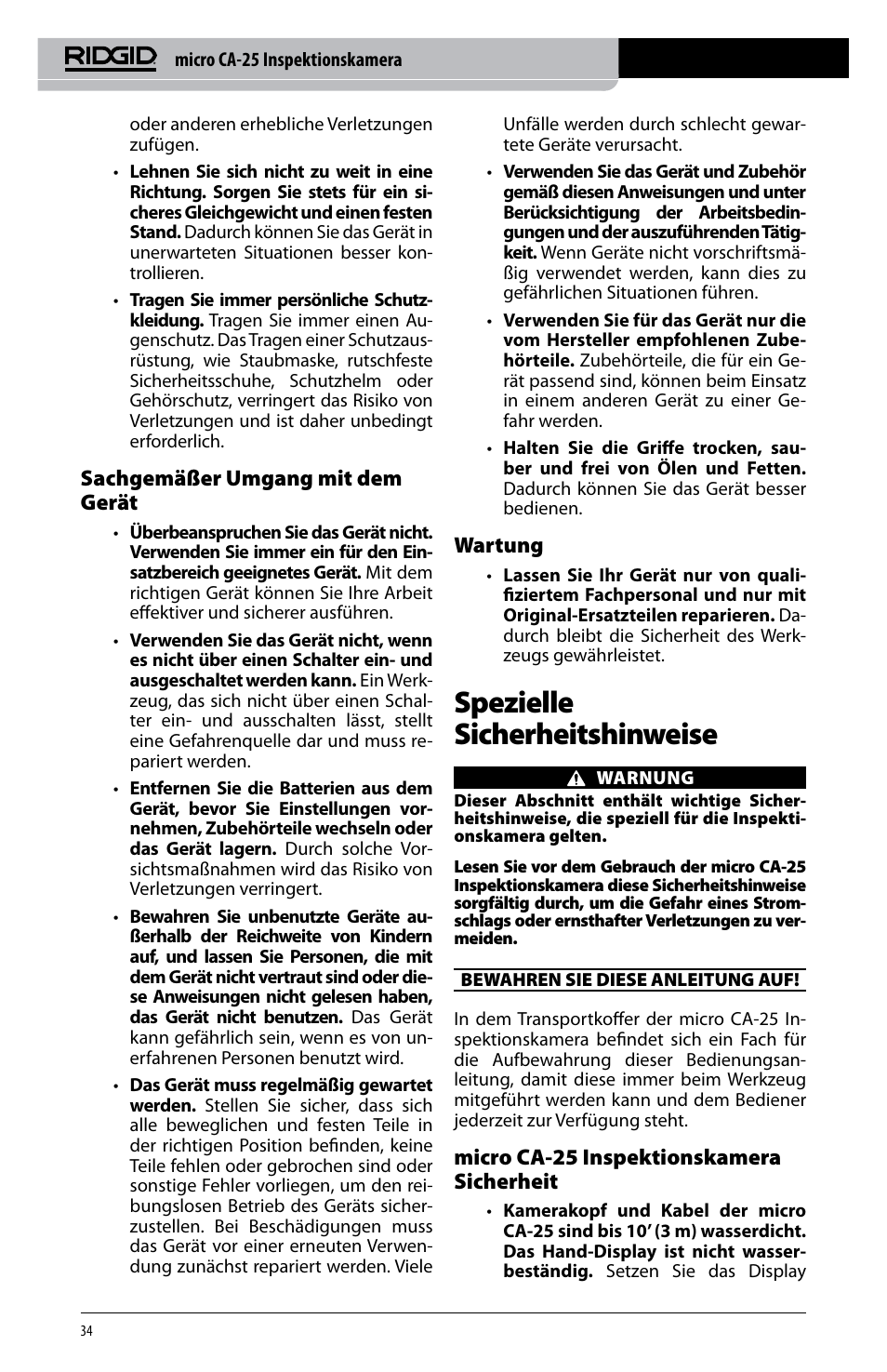 Spezielle sicherheitshinweise, Sachgemäßer umgang mit dem gerät, Wartung | Micro ca-25 inspektionskamera sicherheit | RIDGID micro CA-25 User Manual | Page 36 / 236