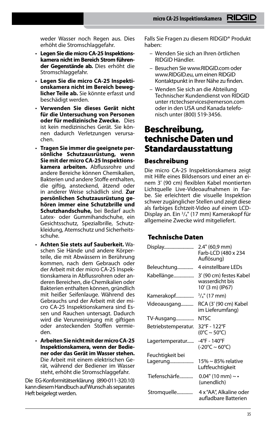 Technische daten, Beschreibung | RIDGID micro CA-25 User Manual | Page 37 / 236