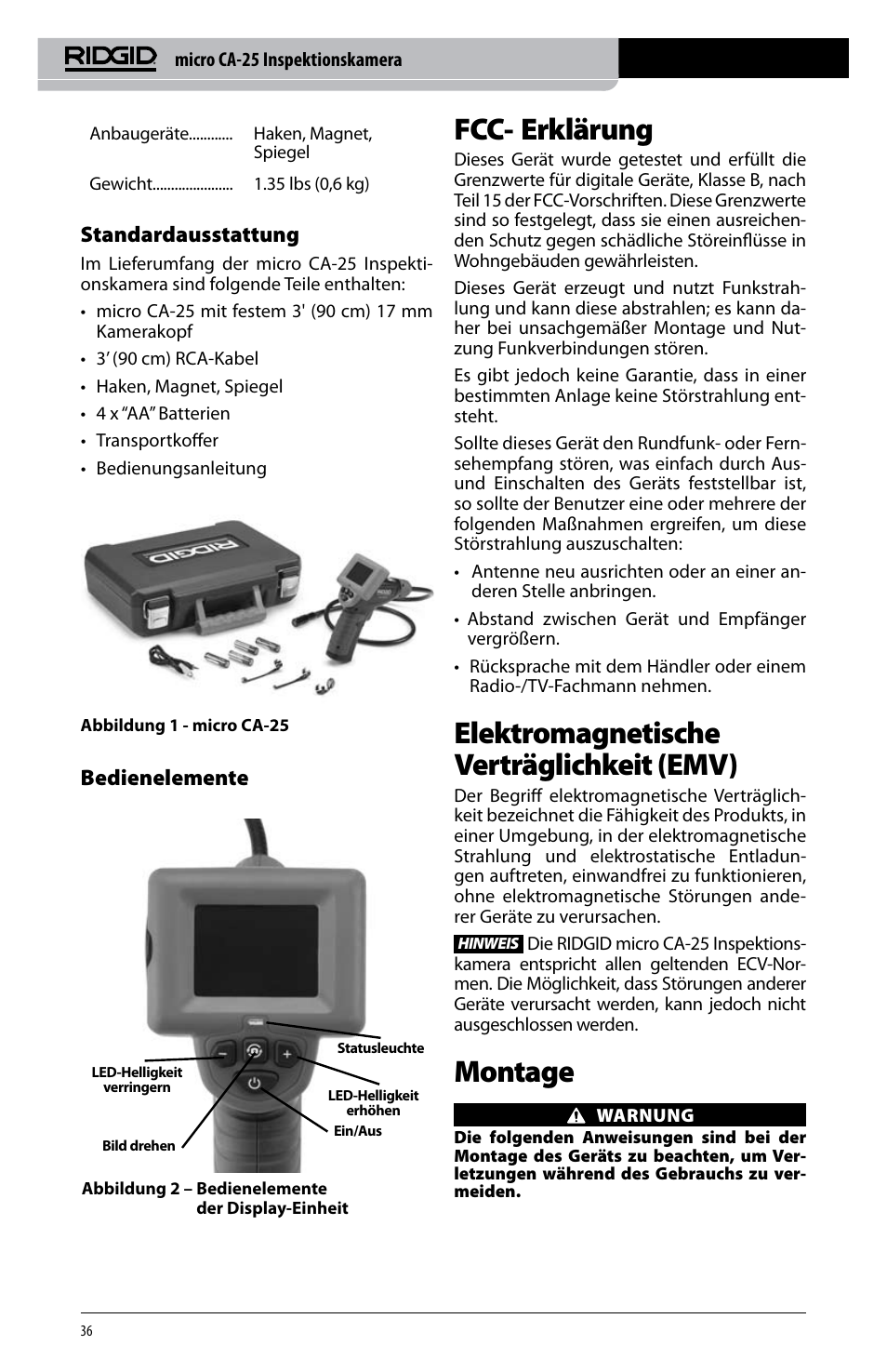 Fcc- erklärung, Elektromagnetische verträglichkeit (emv), Montage | Standardausstattung, Bedienelemente | RIDGID micro CA-25 User Manual | Page 38 / 236