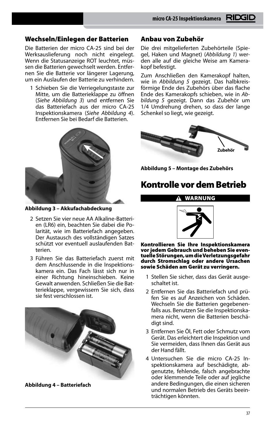 Kontrolle vor dem betrieb, Anbau von zubehör, Wechseln/einlegen der batterien | RIDGID micro CA-25 User Manual | Page 39 / 236