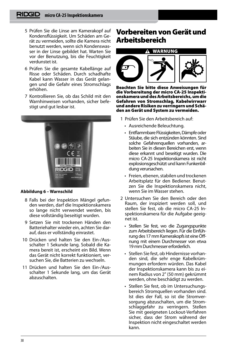 Vorbereiten von gerät und arbeitsbereich | RIDGID micro CA-25 User Manual | Page 40 / 236